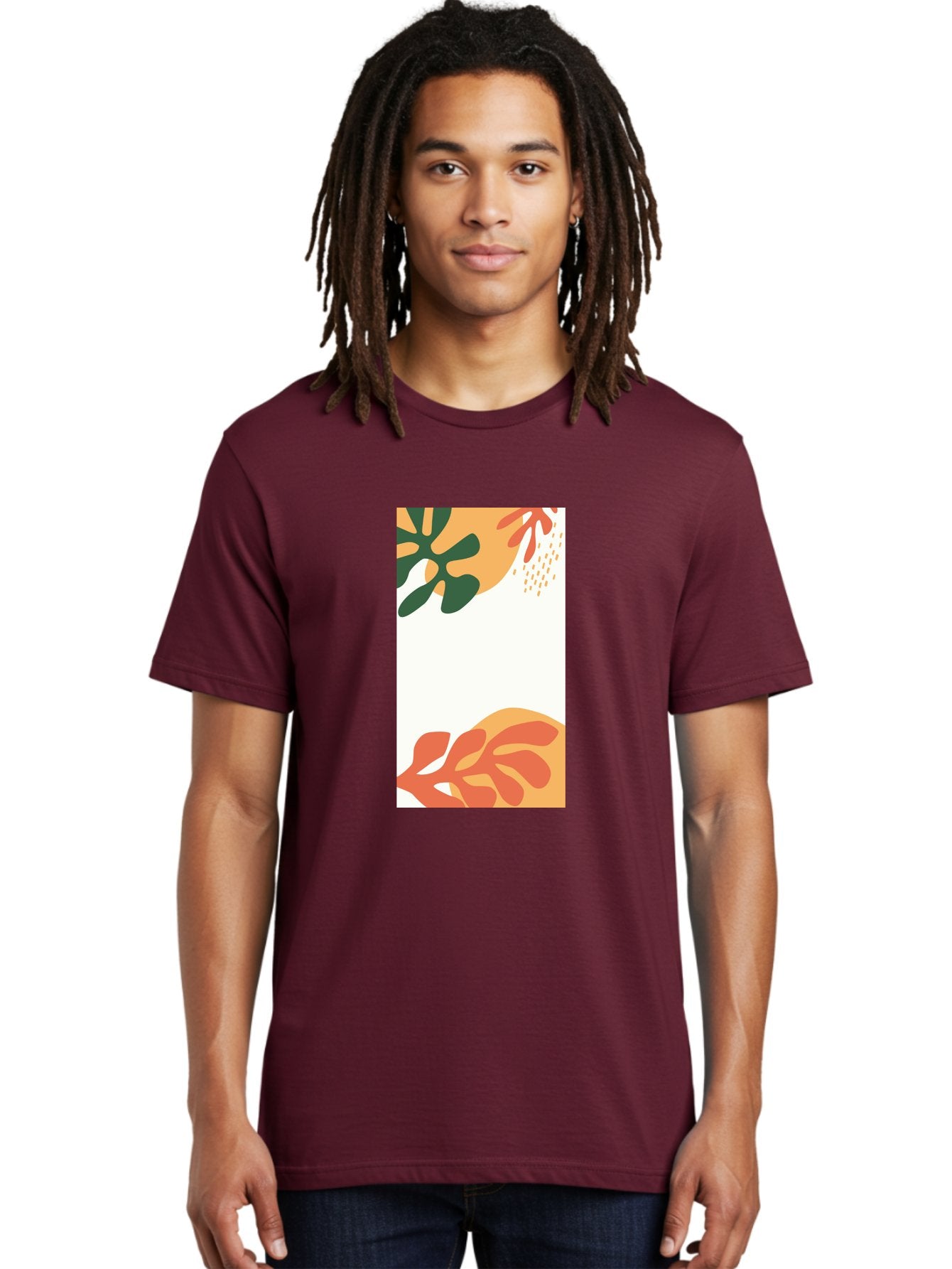 Tropical-Leaves Men'S Graphic Tee, 100% Cotton, Comfortable Casual Summer Wear, Machine Washable, Tropical Leaves, Abstract Art, Modern Design, Minimalist Style, Orange And Green Hues, Creative Graphics, Digital Illustration, Contemporary Art Aab636 28