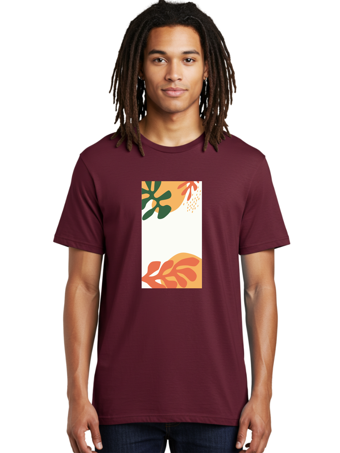 Tropical-Leaves Men'S Graphic Tee, 100% Cotton, Comfortable Casual Summer Wear, Machine Washable, Tropical Leaves, Abstract Art, Modern Design, Minimalist Style, Orange And Green Hues, Creative Graphics, Digital Illustration, Contemporary Art Aab636 6