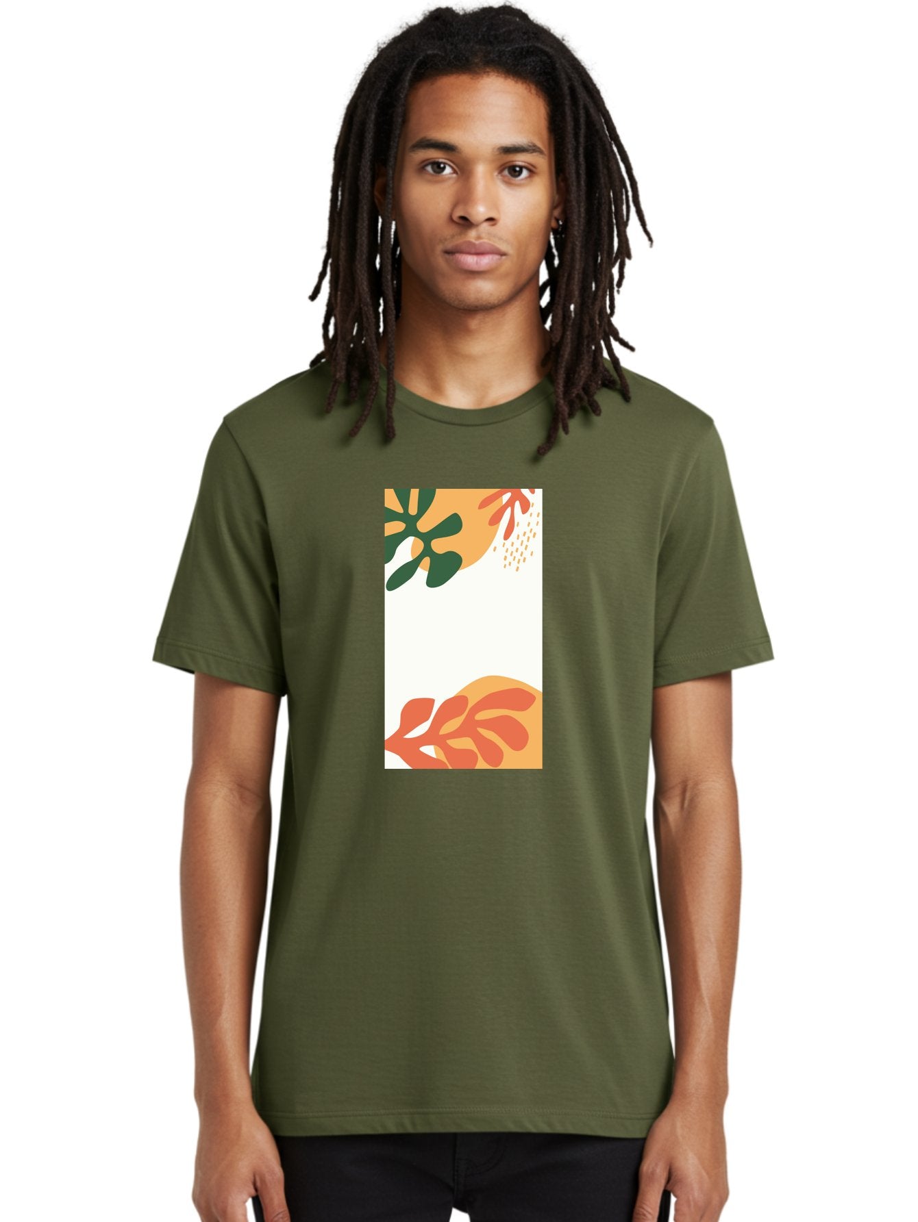 Tropical-Leaves Men'S Graphic Tee, 100% Cotton, Comfortable Casual Summer Wear, Machine Washable, Tropical Leaves, Abstract Art, Modern Design, Minimalist Style, Orange And Green Hues, Creative Graphics, Digital Illustration, Contemporary Art Aab636 19
