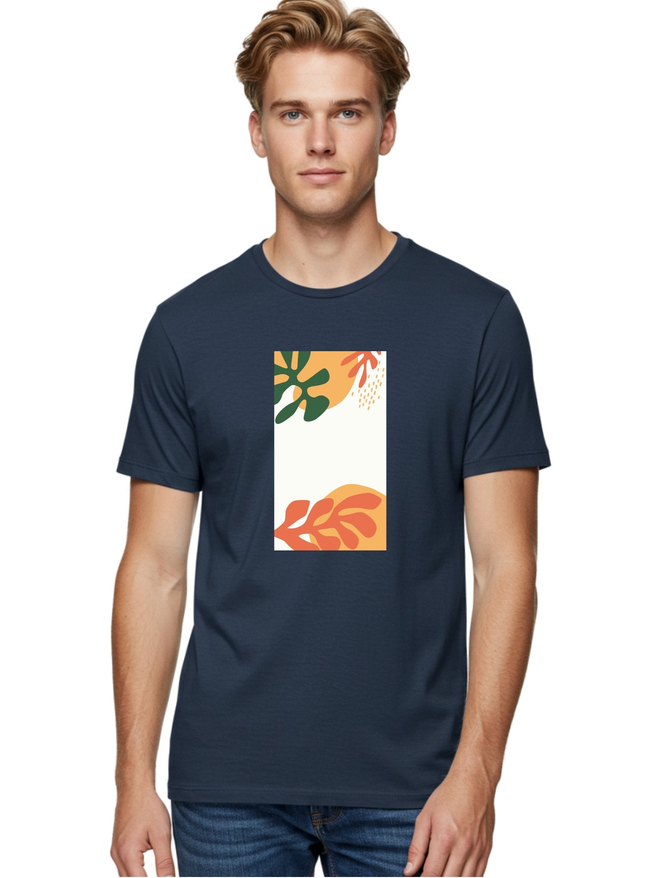 Tropical-Leaves Men'S Graphic Tee, 100% Cotton, Comfortable Casual Summer Wear, Machine Washable, Tropical Leaves, Abstract Art, Modern Design, Minimalist Style, Orange And Green Hues, Creative Graphics, Digital Illustration, Contemporary Art Aab636 29