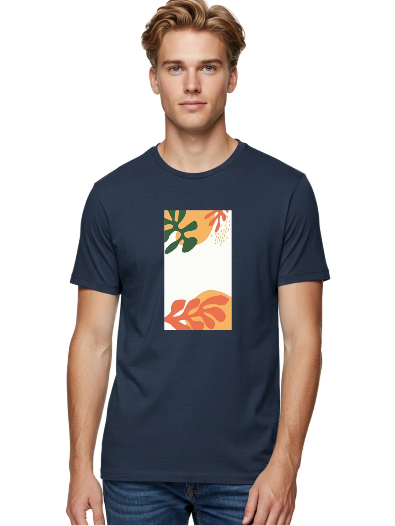 Tropical-Leaves Men'S Graphic Tee, 100% Cotton, Comfortable Casual Summer Wear, Machine Washable, Tropical Leaves, Abstract Art, Modern Design, Minimalist Style, Orange And Green Hues, Creative Graphics, Digital Illustration, Contemporary Art Aab636 4