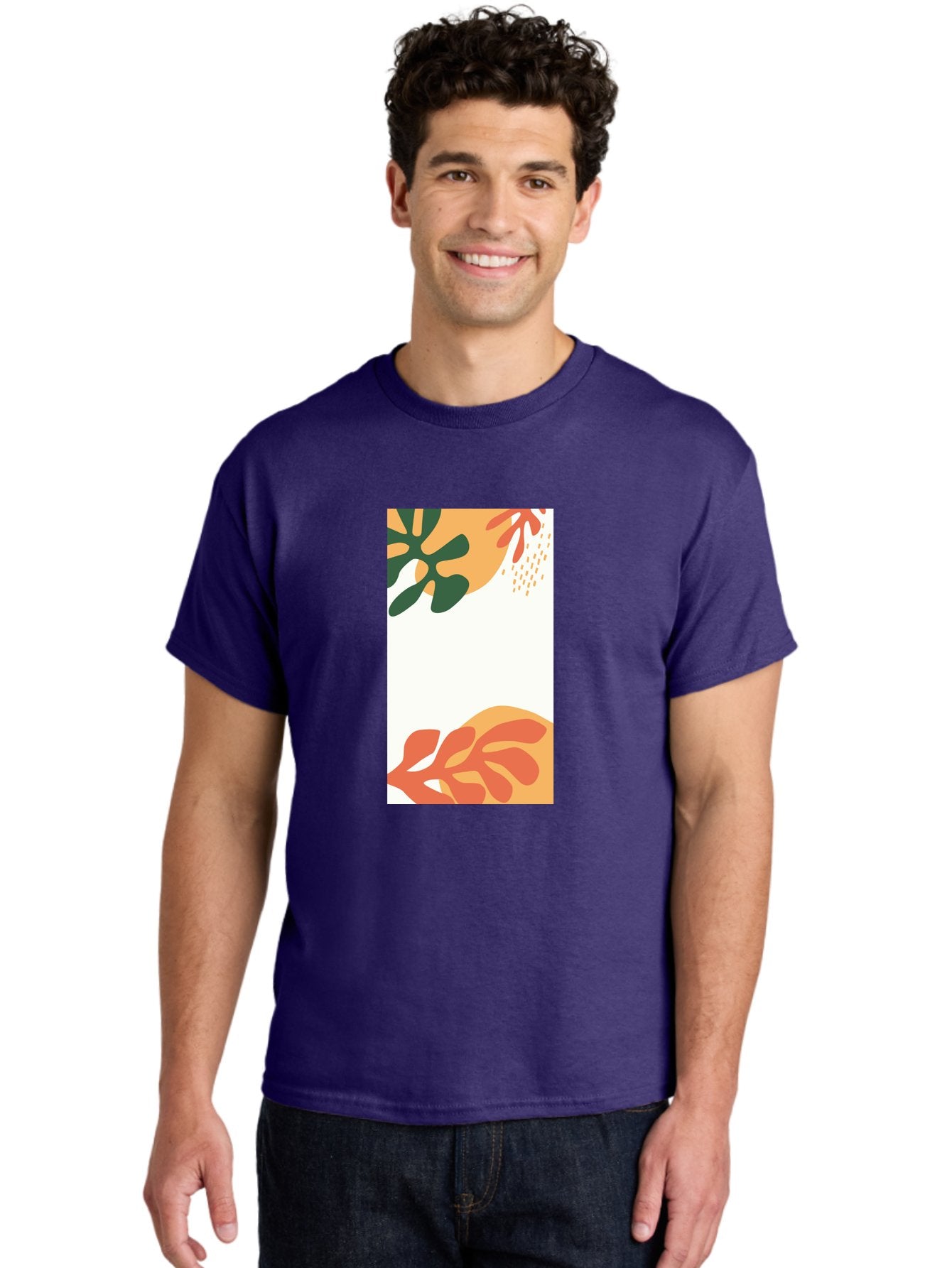 Tropical-Leaves Men'S Graphic Tee, 100% Cotton, Comfortable Casual Summer Wear, Machine Washable, Tropical Leaves, Abstract Art, Modern Design, Minimalist Style, Orange And Green Hues, Creative Graphics, Digital Illustration, Contemporary Art Aab636 26