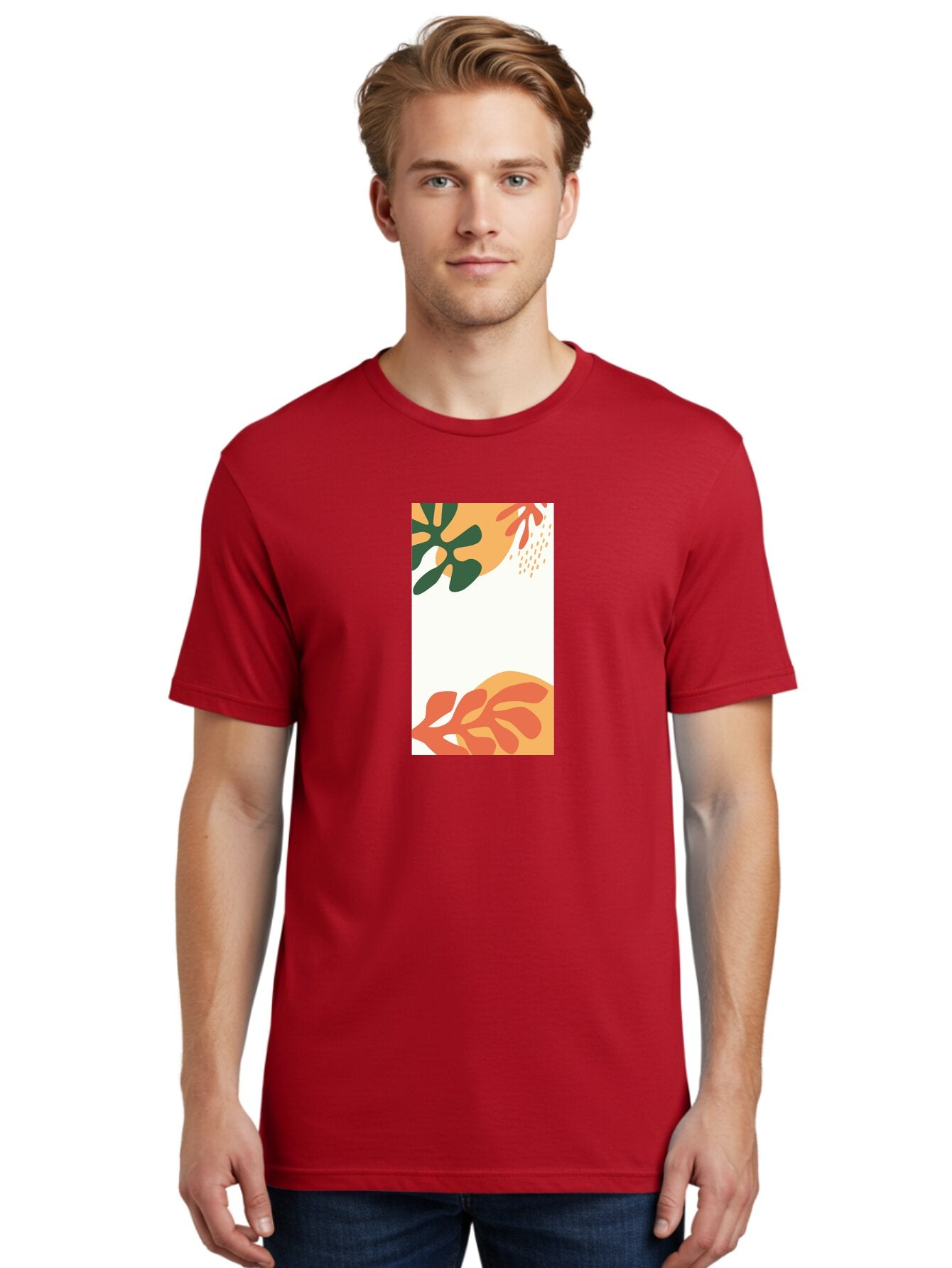 Tropical-Leaves Men'S Graphic Tee, 100% Cotton, Comfortable Casual Summer Wear, Machine Washable, Tropical Leaves, Abstract Art, Modern Design, Minimalist Style, Orange And Green Hues, Creative Graphics, Digital Illustration, Contemporary Art Aab636 18