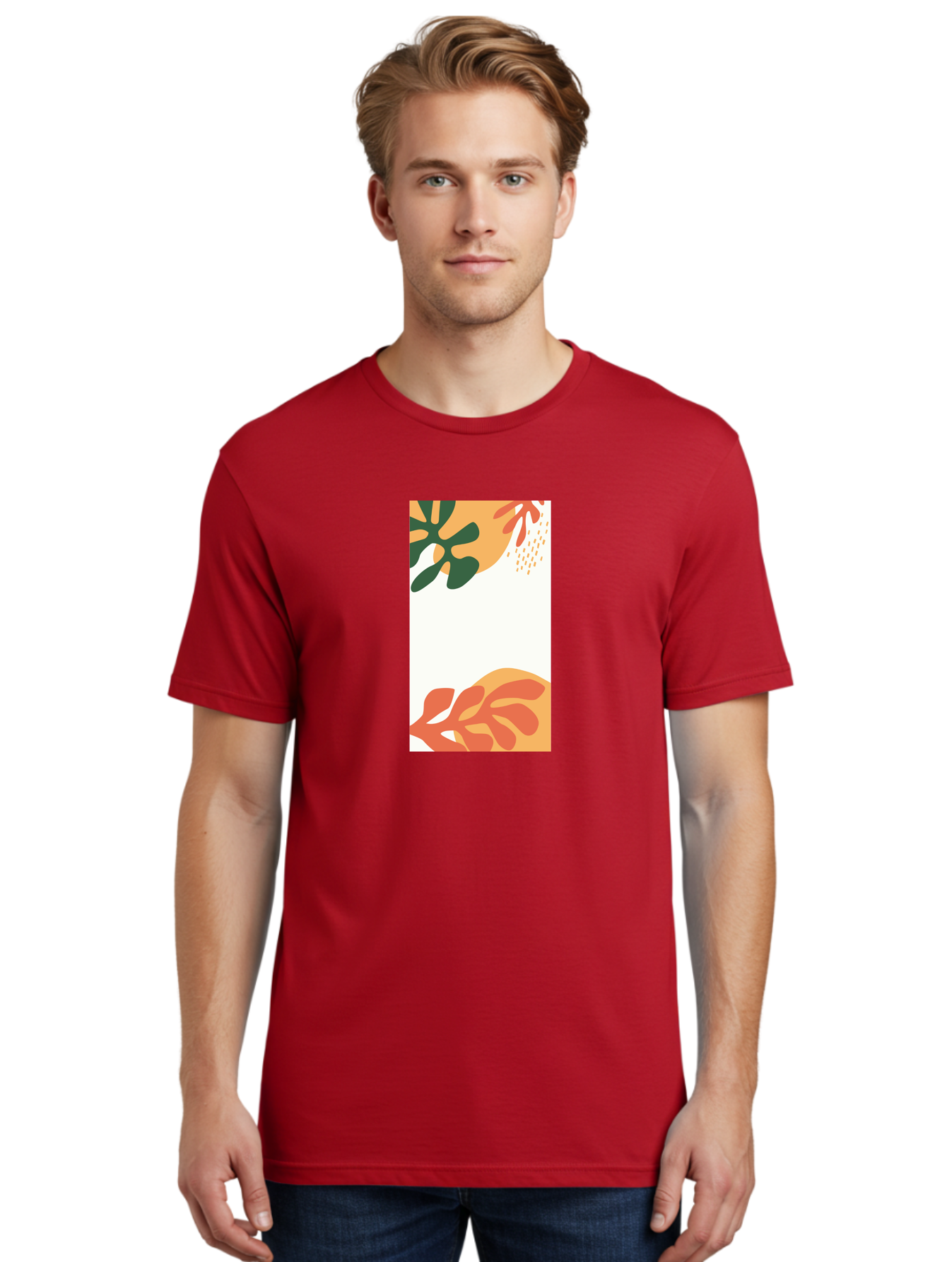 Tropical-Leaves Men'S Graphic Tee, 100% Cotton, Comfortable Casual Summer Wear, Machine Washable, Tropical Leaves, Abstract Art, Modern Design, Minimalist Style, Orange And Green Hues, Creative Graphics, Digital Illustration, Contemporary Art Aab636 24