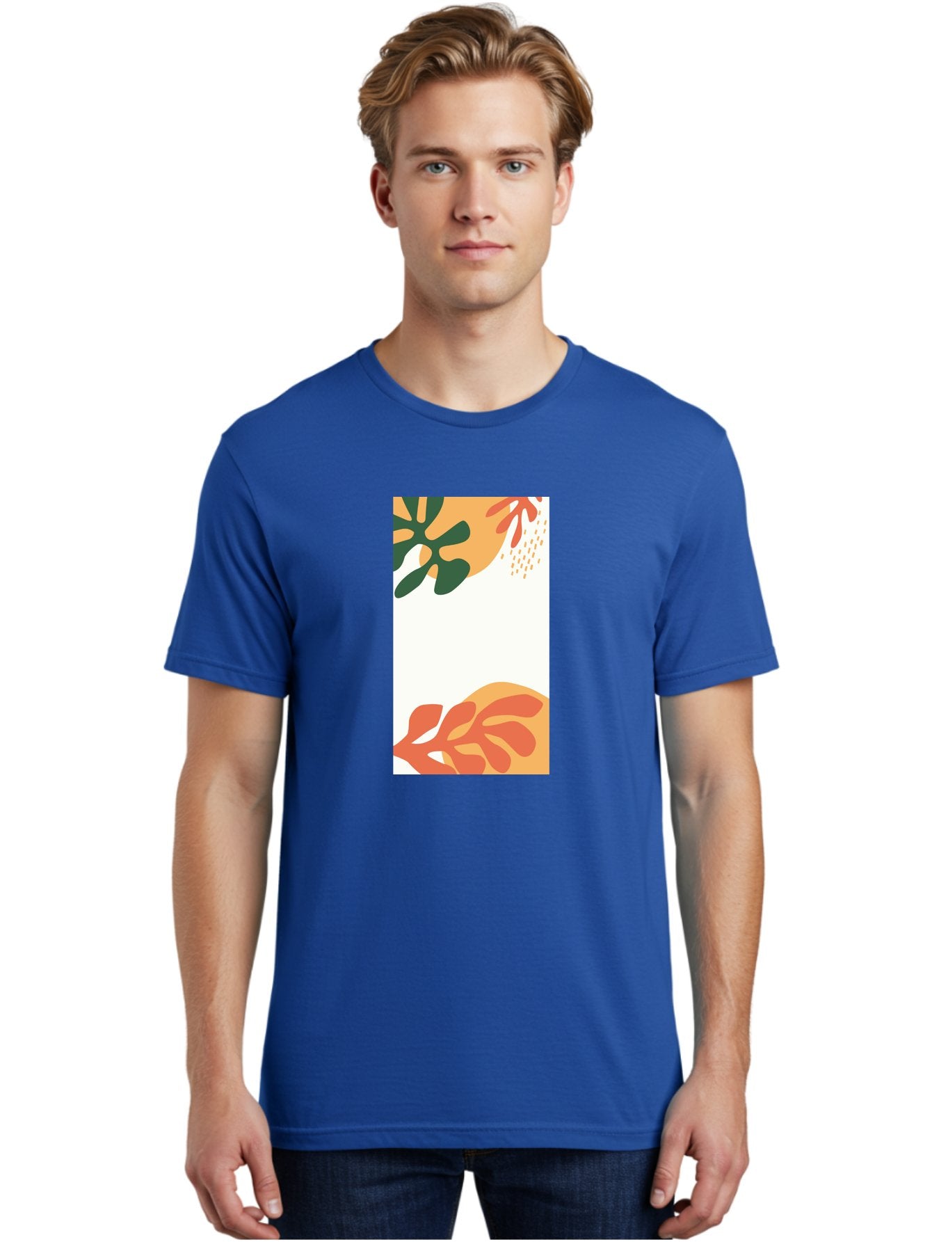 Tropical-Leaves Men'S Graphic Tee, 100% Cotton, Comfortable Casual Summer Wear, Machine Washable, Tropical Leaves, Abstract Art, Modern Design, Minimalist Style, Orange And Green Hues, Creative Graphics, Digital Illustration, Contemporary Art Aab636 22