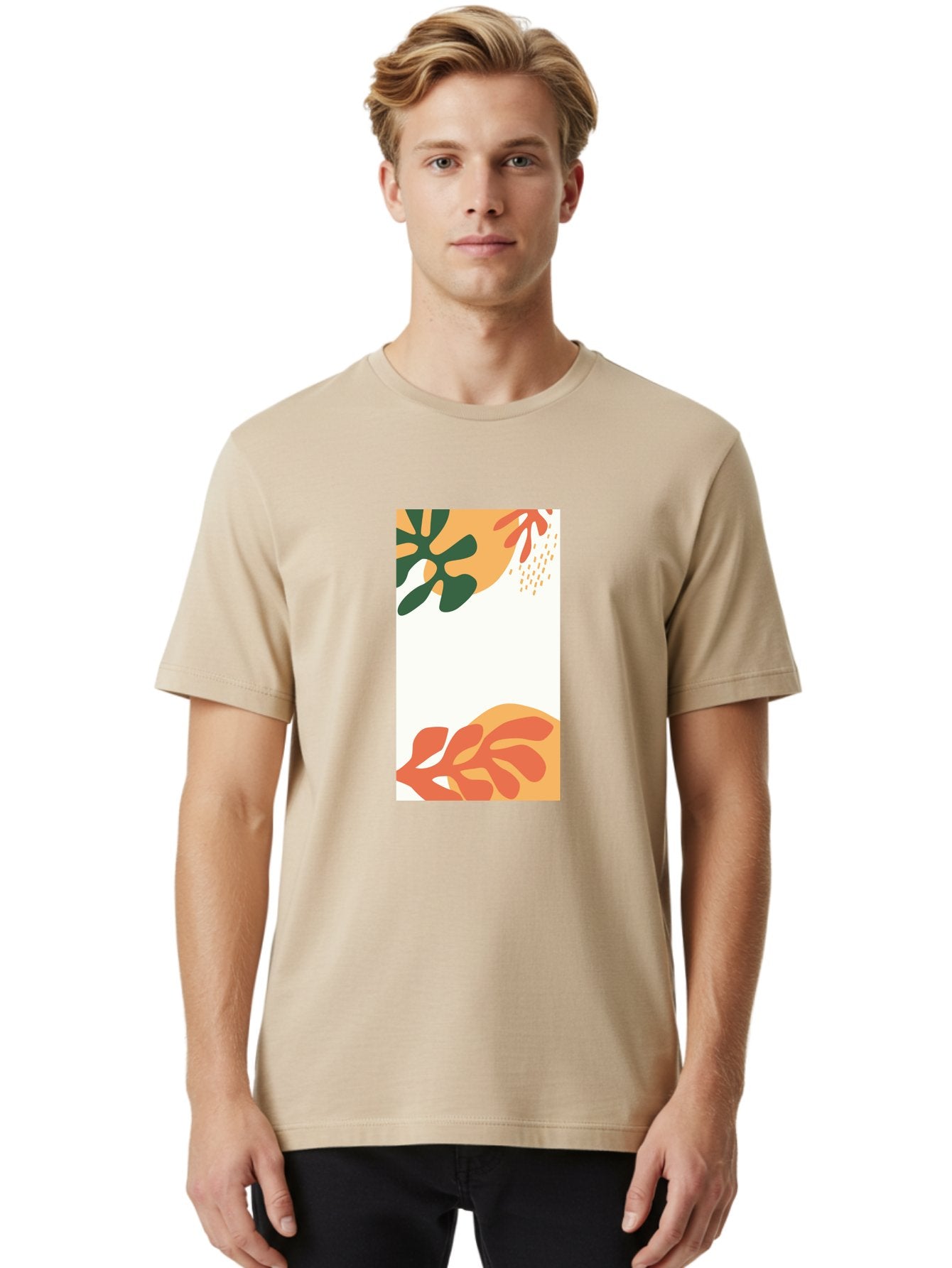 Tropical-Leaves Men'S Graphic Tee, 100% Cotton, Comfortable Casual Summer Wear, Machine Washable, Tropical Leaves, Abstract Art, Modern Design, Minimalist Style, Orange And Green Hues, Creative Graphics, Digital Illustration, Contemporary Art Aab636 20
