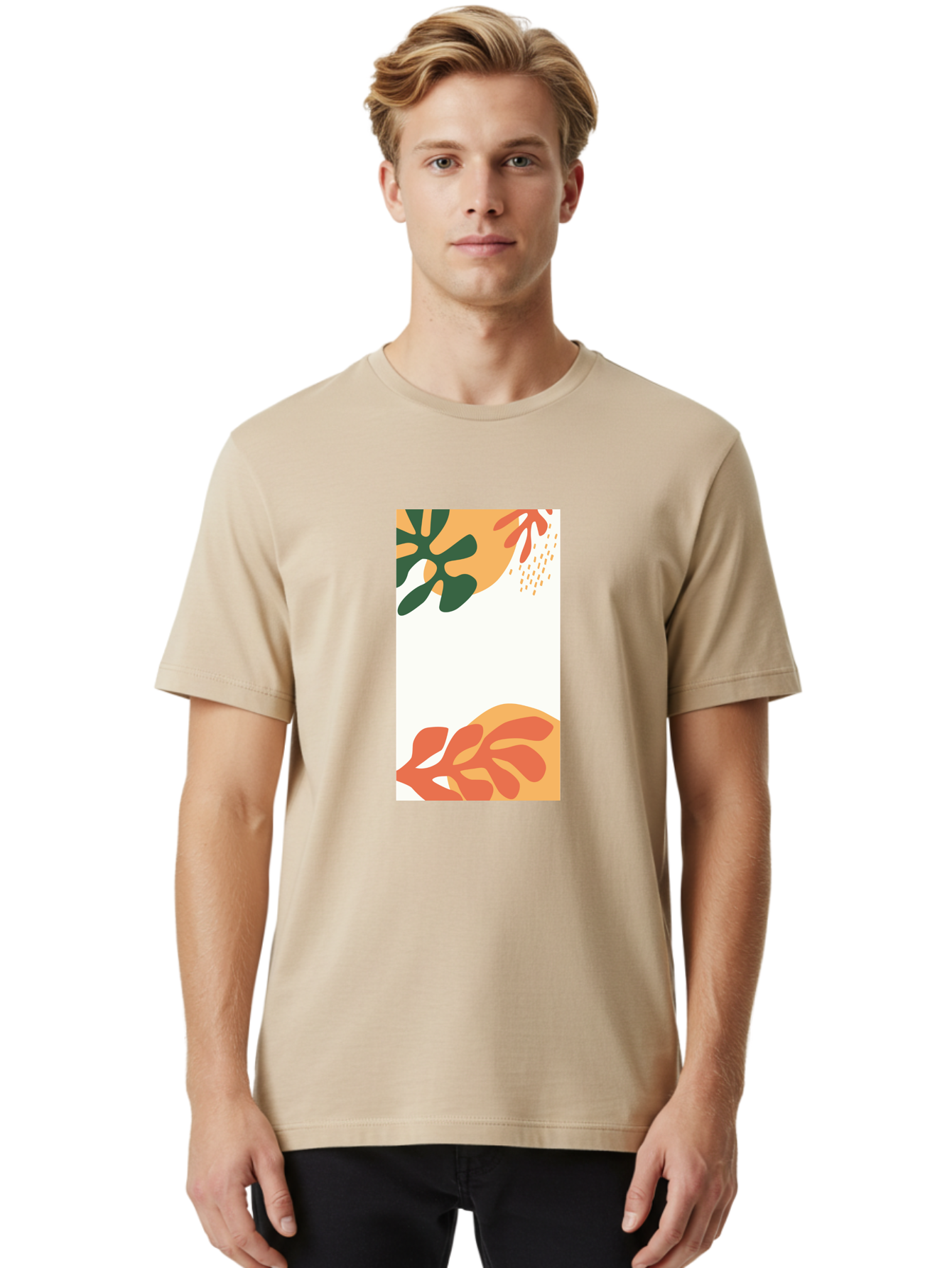 Tropical-Leaves Men'S Graphic Tee, 100% Cotton, Comfortable Casual Summer Wear, Machine Washable, Tropical Leaves, Abstract Art, Modern Design, Minimalist Style, Orange And Green Hues, Creative Graphics, Digital Illustration, Contemporary Art Aab636 30
