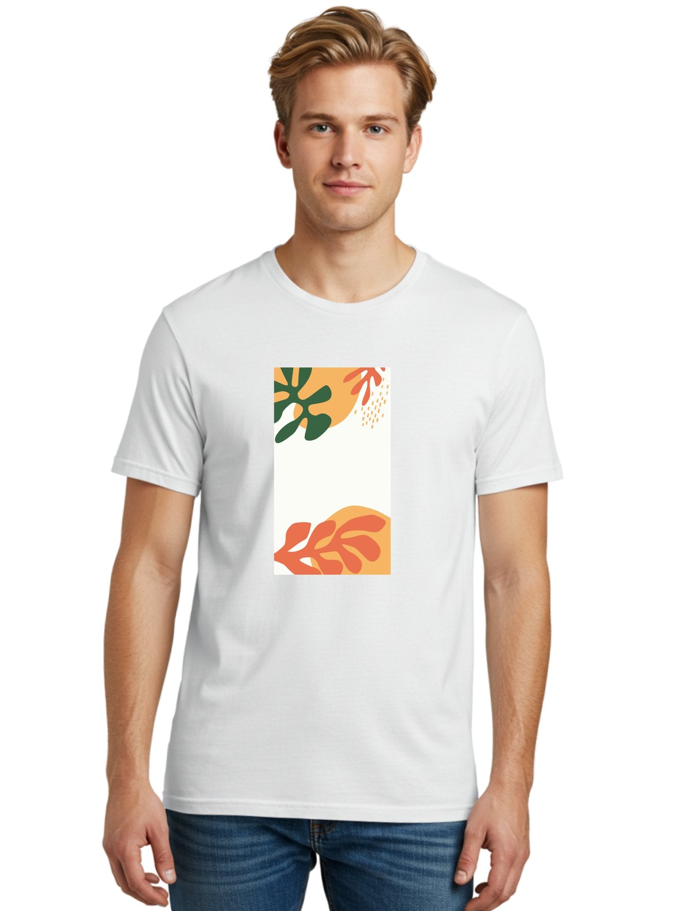 Tropical-Leaves Men'S Graphic Tee, 100% Cotton, Comfortable Casual Summer Wear, Machine Washable, Tropical Leaves, Abstract Art, Modern Design, Minimalist Style, Orange And Green Hues, Creative Graphics, Digital Illustration, Contemporary Art Aab636 23