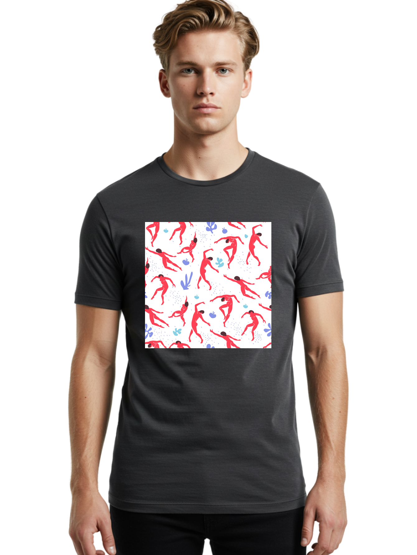 Yoga-Pattern Men'S Graphic Tee, 100% Cotton, Comfortable Casual Summer Wear, Machine Washable, Nude Figures, Red Silhouettes, Dynamic Poses, Yoga, Wellness, Floral Patterns, Abstract Shapes, Playful Designs, Modern Art, Minimalist Aesthetic Aab639 30