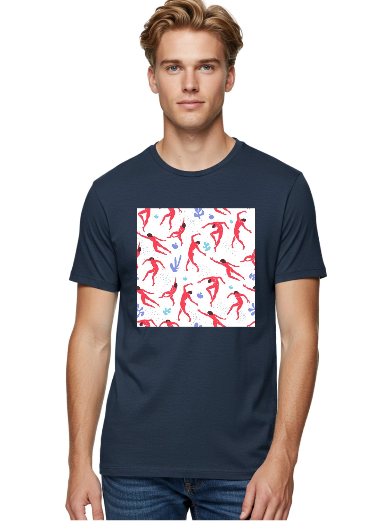 Yoga-Pattern Men'S Graphic Tee, 100% Cotton, Comfortable Casual Summer Wear, Machine Washable, Nude Figures, Red Silhouettes, Dynamic Poses, Yoga, Wellness, Floral Patterns, Abstract Shapes, Playful Designs, Modern Art, Minimalist Aesthetic Aab639 29