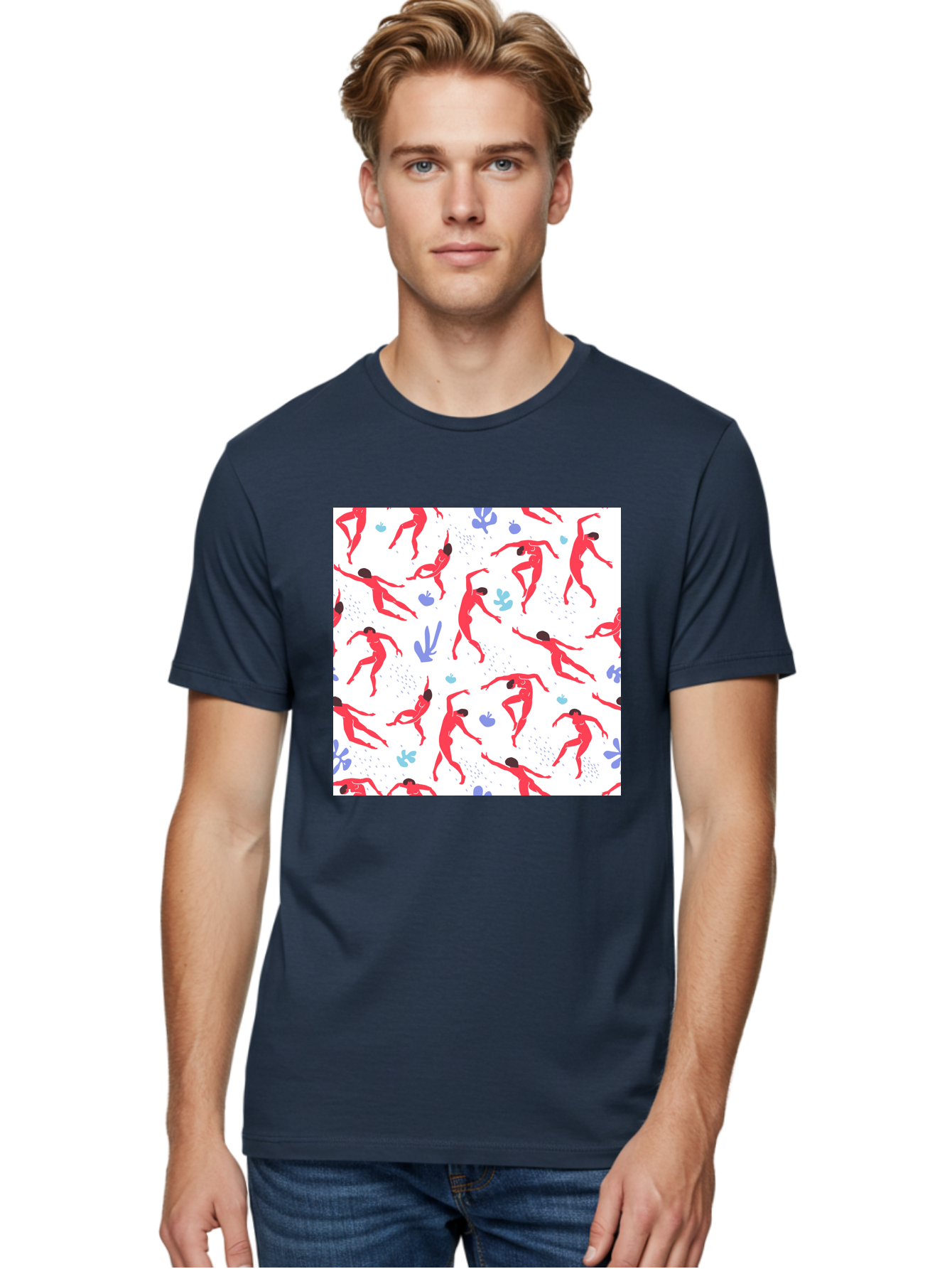 Yoga-Pattern Men'S Graphic Tee, 100% Cotton, Comfortable Casual Summer Wear, Machine Washable, Nude Figures, Red Silhouettes, Dynamic Poses, Yoga, Wellness, Floral Patterns, Abstract Shapes, Playful Designs, Modern Art, Minimalist Aesthetic Aab639 4