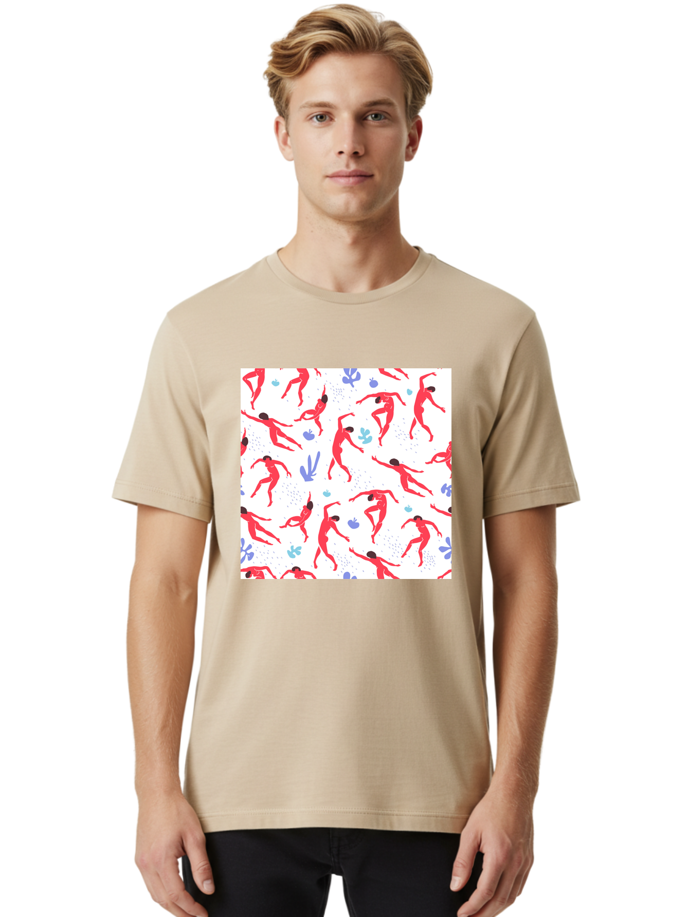 Yoga-Pattern Men'S Graphic Tee, 100% Cotton, Comfortable Casual Summer Wear, Machine Washable, Nude Figures, Red Silhouettes, Dynamic Poses, Yoga, Wellness, Floral Patterns, Abstract Shapes, Playful Designs, Modern Art, Minimalist Aesthetic Aab639 6