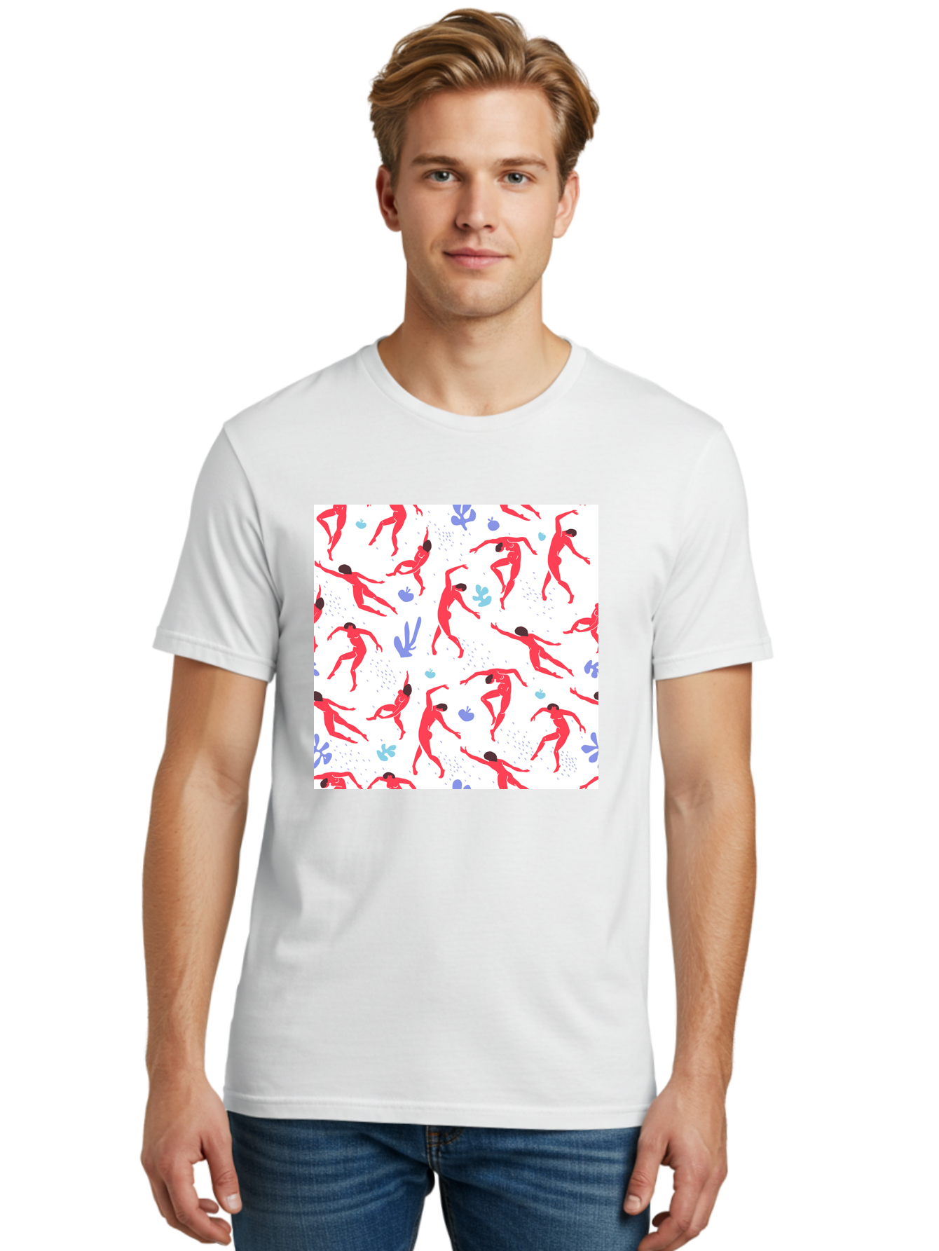 Yoga-Pattern Men'S Graphic Tee, 100% Cotton, Comfortable Casual Summer Wear, Machine Washable, Nude Figures, Red Silhouettes, Dynamic Poses, Yoga, Wellness, Floral Patterns, Abstract Shapes, Playful Designs, Modern Art, Minimalist Aesthetic Aab639 28