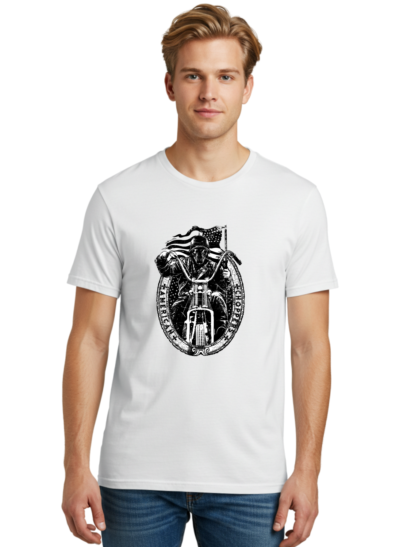 American-Chopper Men'S Graphic Tee, 100% Cotton, Comfortable Casual Summer Wear, Machine Washable, Motorcycle Culture, Biker Graphics, Patriotic Symbol, Chopper Bike, Skull Rider, American Flag, Bold Design, Black And White Illustration, Aab642 8