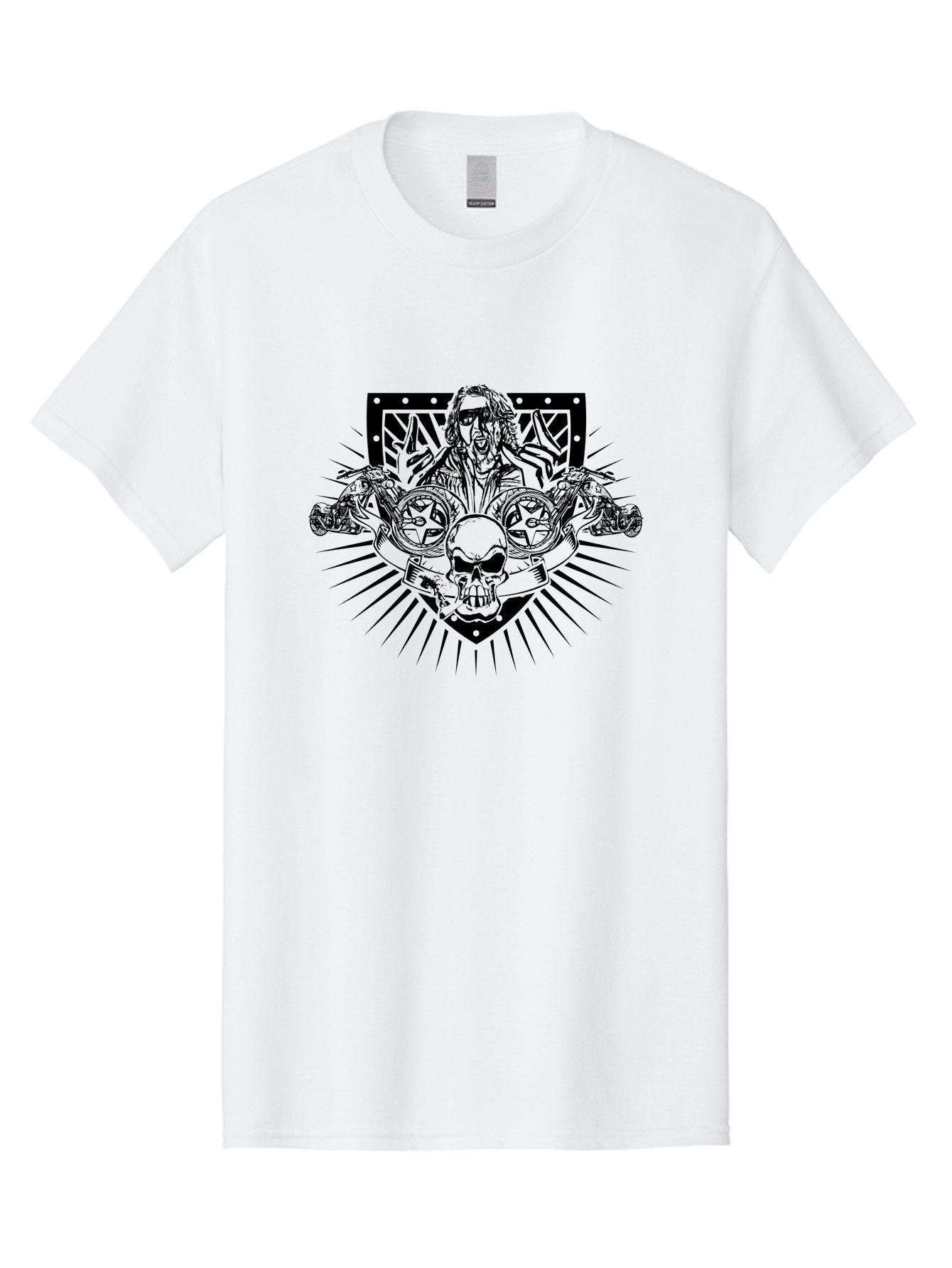 Biker-With-Skull Men'S Graphic Tee, 100% Cotton, Comfortable Casual Summer Wear, Machine Washable, Biker With Leather Jacket, Skull With Horns, Motorcycles, Rock And Roll Style, Biker Culture, Bold Illustration, Black And White Design, Aab643