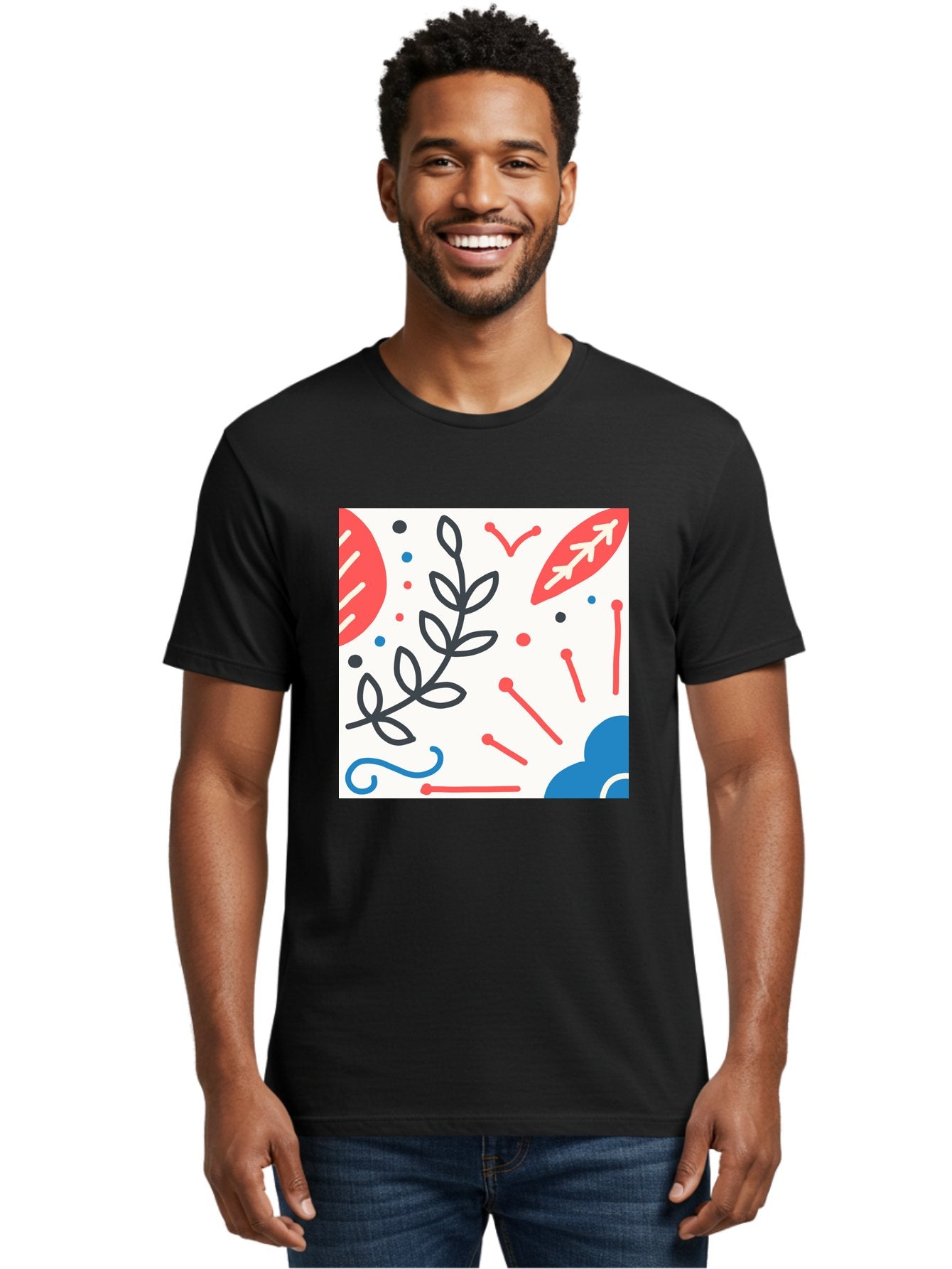 Abstract-Composition Men'S Graphic Tee, 100% Cotton, Comfortable Casual Summer Wear, Machine Washable, Abstract Floral Design, Minimalist Art, Red And Blue Accents, Simple Shapes, Creative Expression, Modern Aesthetic, Decorative Elements, Aab649 27