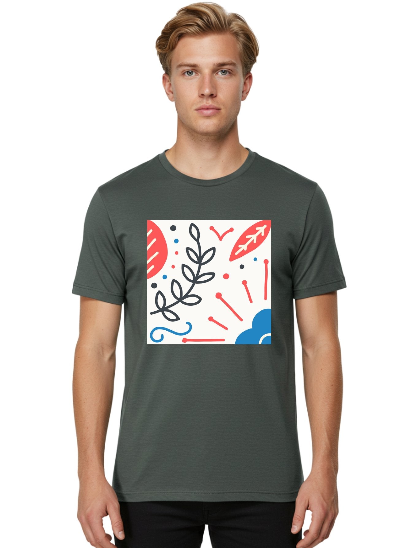 Abstract-Composition Men'S Graphic Tee, 100% Cotton, Comfortable Casual Summer Wear, Machine Washable, Abstract Floral Design, Minimalist Art, Red And Blue Accents, Simple Shapes, Creative Expression, Modern Aesthetic, Decorative Elements, Aab649 20