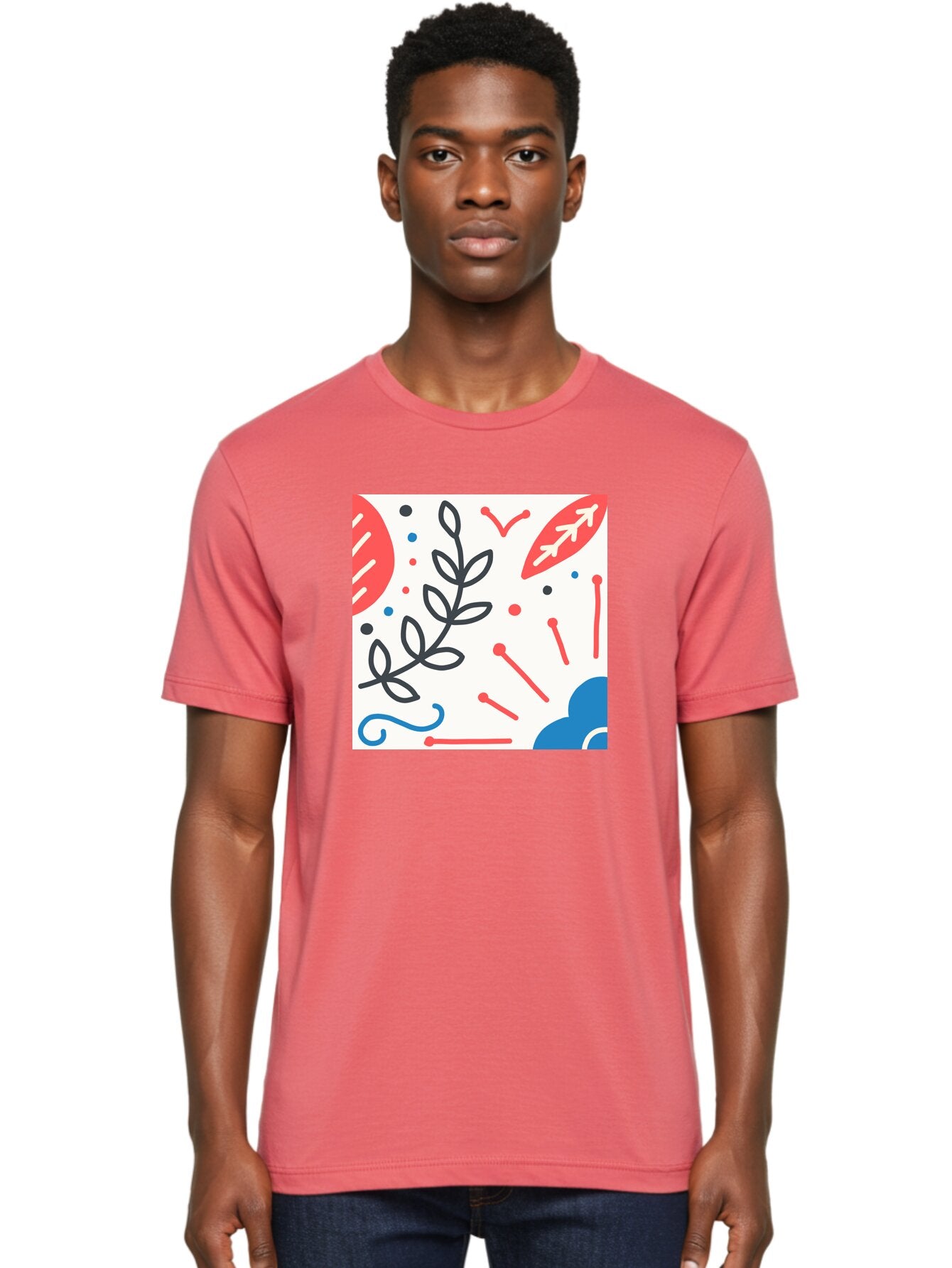 Abstract-Composition Men'S Graphic Tee, 100% Cotton, Comfortable Casual Summer Wear, Machine Washable, Abstract Floral Design, Minimalist Art, Red And Blue Accents, Simple Shapes, Creative Expression, Modern Aesthetic, Decorative Elements, Aab649 30