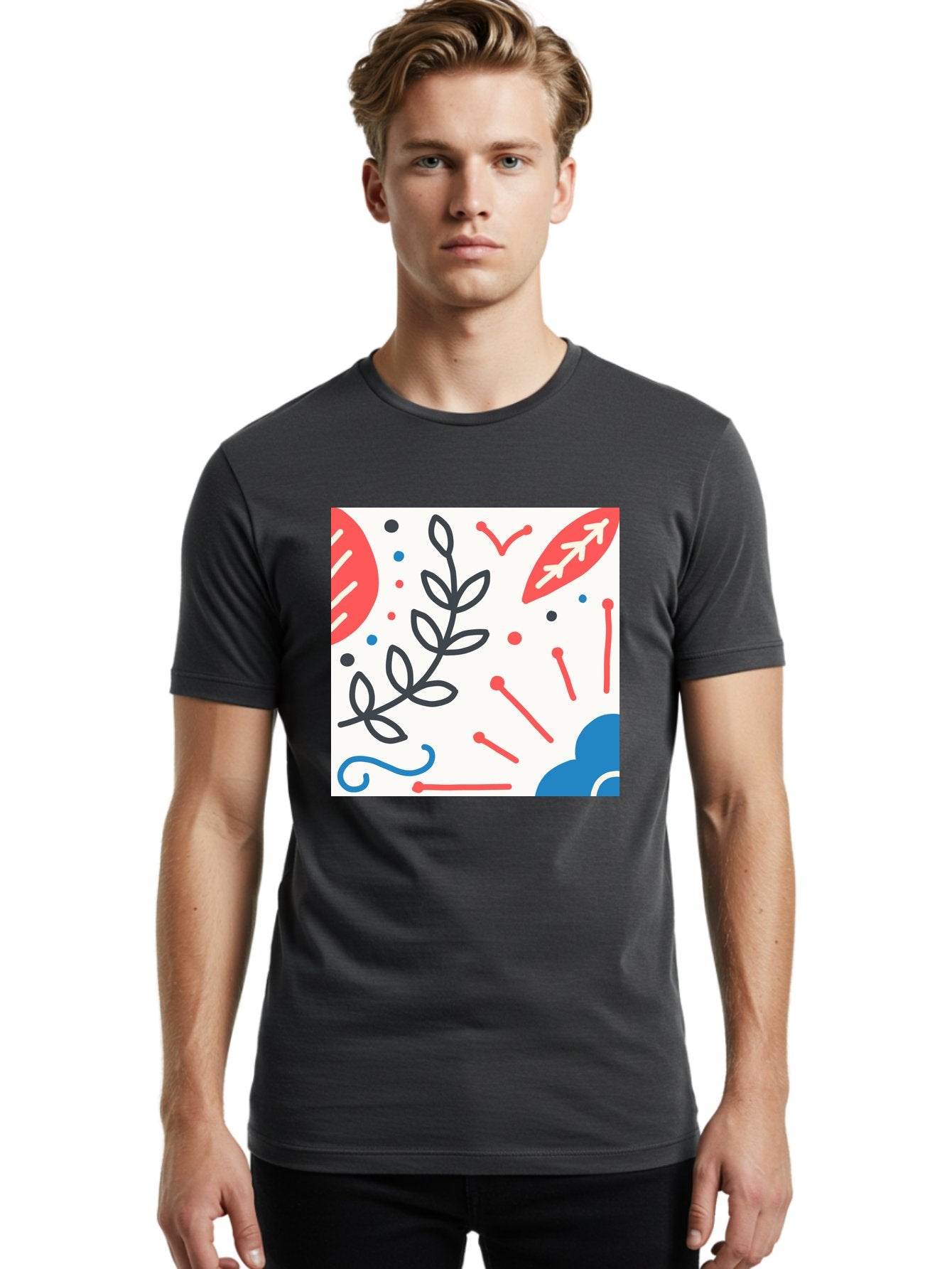 Abstract-Composition Men'S Graphic Tee, 100% Cotton, Comfortable Casual Summer Wear, Machine Washable, Abstract Floral Design, Minimalist Art, Red And Blue Accents, Simple Shapes, Creative Expression, Modern Aesthetic, Decorative Elements, Aab649 26