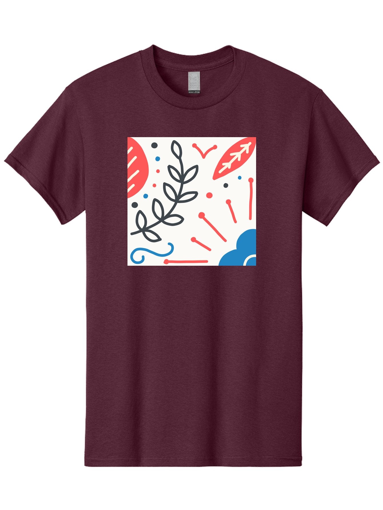 Abstract-Composition Men'S Graphic Tee, 100% Cotton, Comfortable Casual Summer Wear, Machine Washable, Abstract Floral Design, Minimalist Art, Red And Blue Accents, Simple Shapes, Creative Expression, Modern Aesthetic, Decorative Elements, Aab649 10
