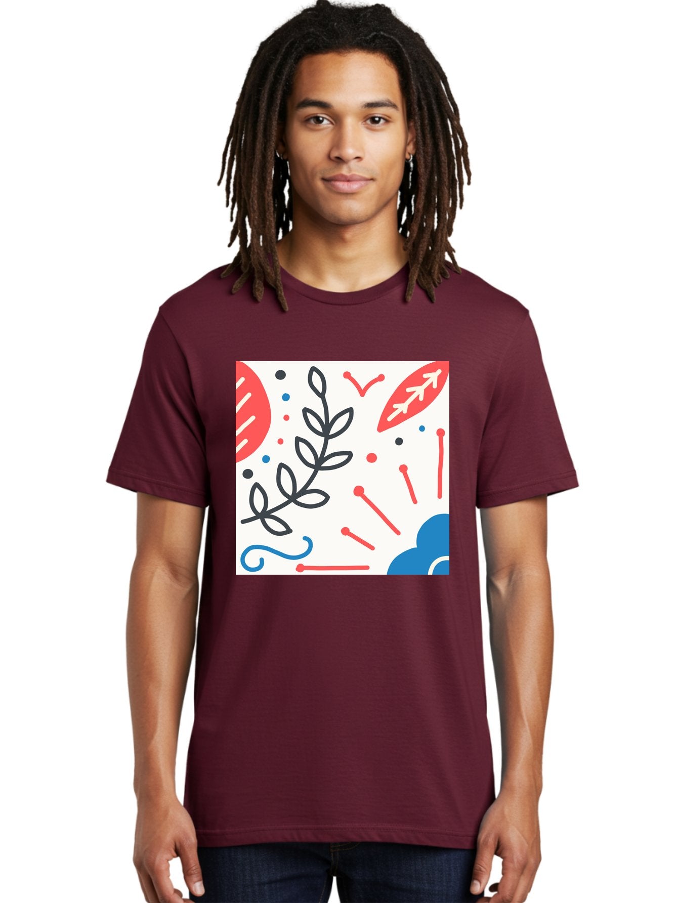 Abstract-Composition Men'S Graphic Tee, 100% Cotton, Comfortable Casual Summer Wear, Machine Washable, Abstract Floral Design, Minimalist Art, Red And Blue Accents, Simple Shapes, Creative Expression, Modern Aesthetic, Decorative Elements, Aab649 17