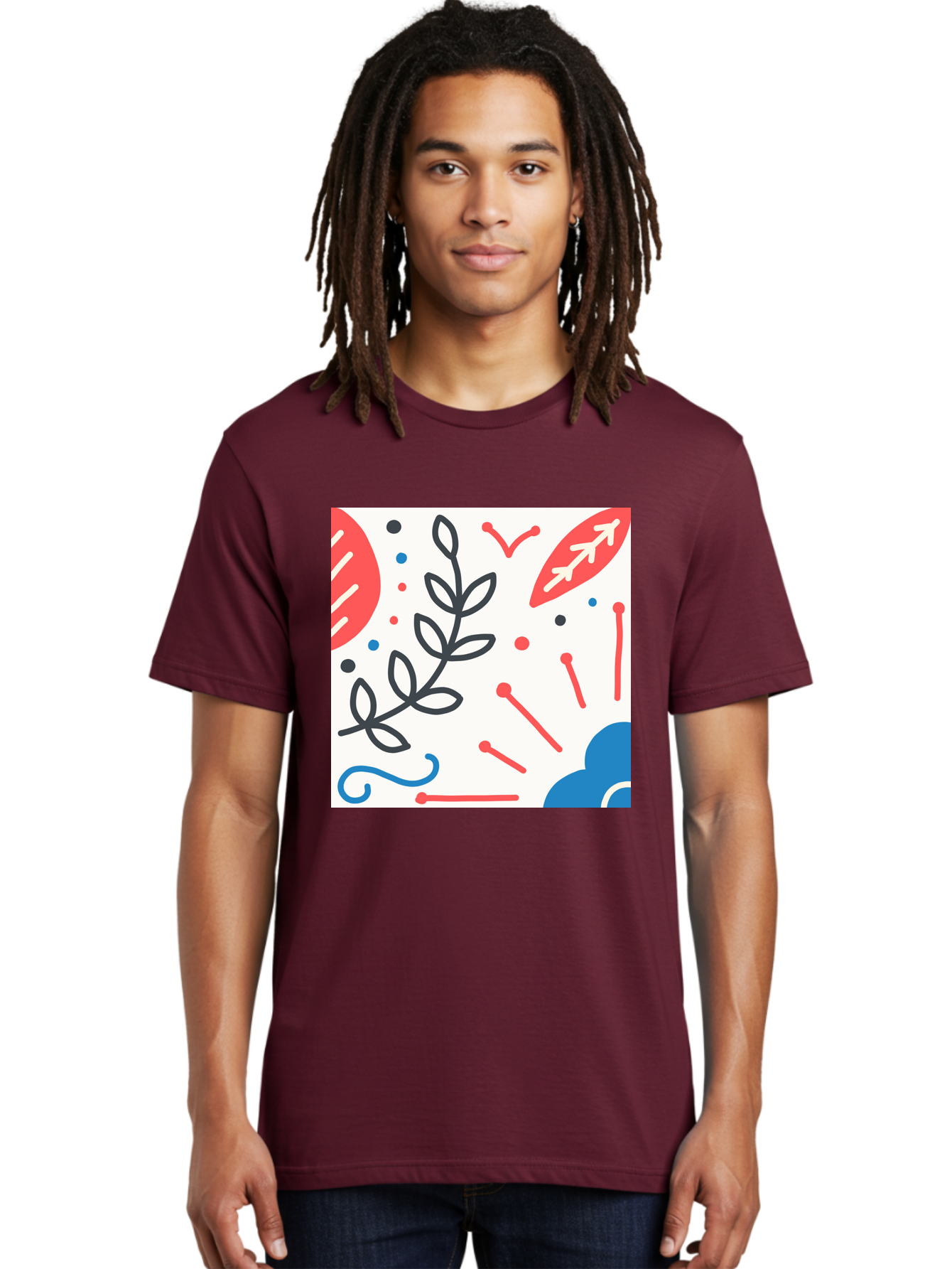 Abstract-Composition Men'S Graphic Tee, 100% Cotton, Comfortable Casual Summer Wear, Machine Washable, Abstract Floral Design, Minimalist Art, Red And Blue Accents, Simple Shapes, Creative Expression, Modern Aesthetic, Decorative Elements, Aab649 28
