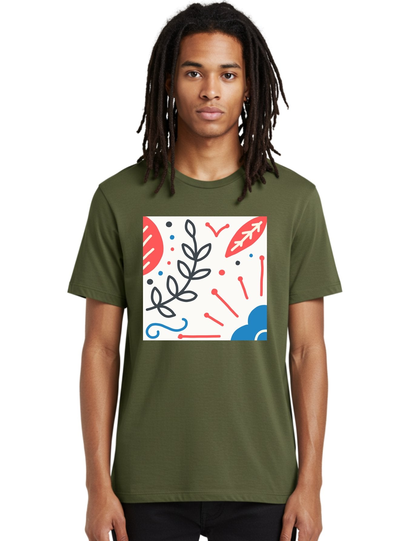 Abstract-Composition Men'S Graphic Tee, 100% Cotton, Comfortable Casual Summer Wear, Machine Washable, Abstract Floral Design, Minimalist Art, Red And Blue Accents, Simple Shapes, Creative Expression, Modern Aesthetic, Decorative Elements, Aab649 28
