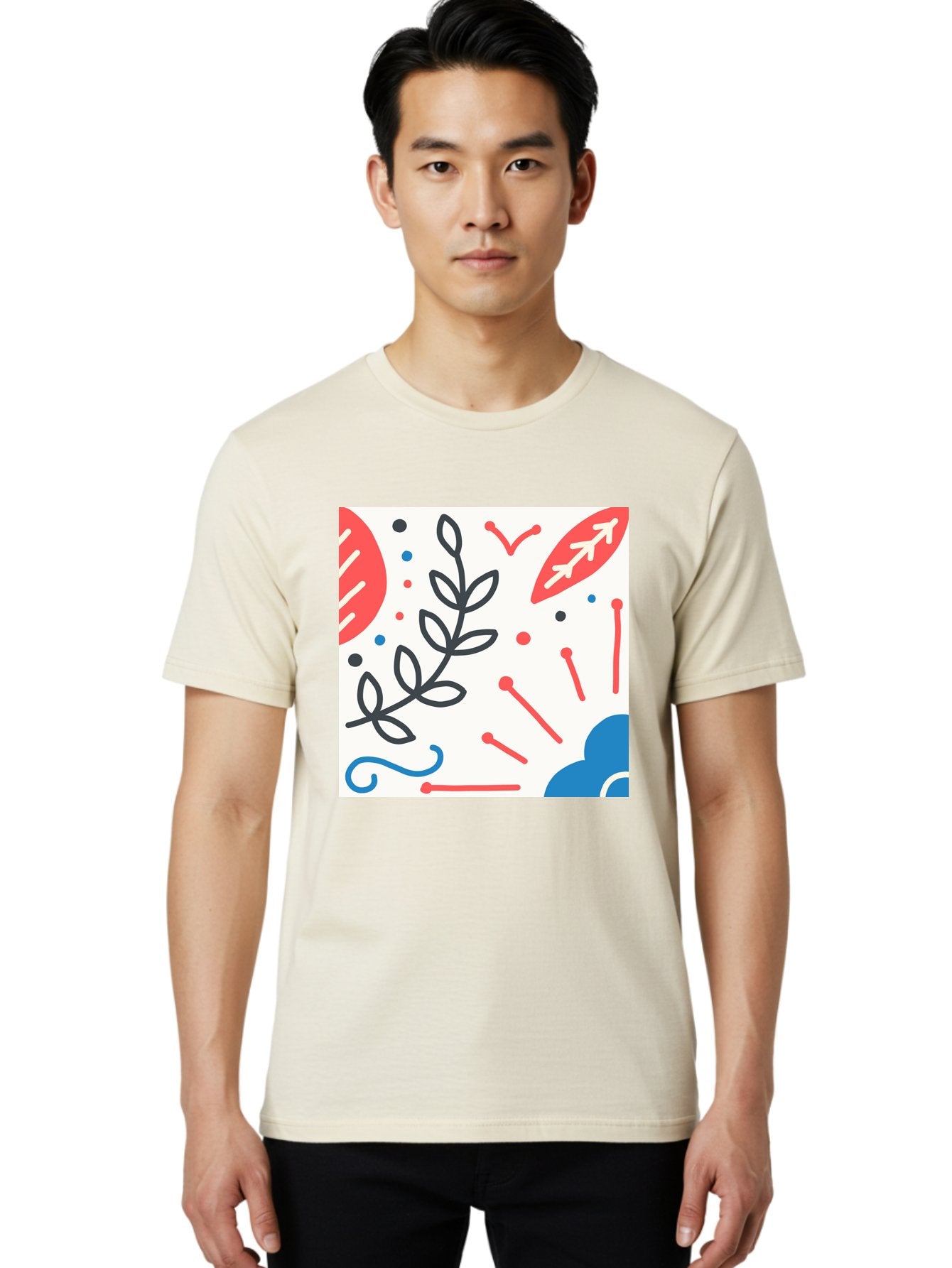 Abstract-Composition Men'S Graphic Tee, 100% Cotton, Comfortable Casual Summer Wear, Machine Washable, Abstract Floral Design, Minimalist Art, Red And Blue Accents, Simple Shapes, Creative Expression, Modern Aesthetic, Decorative Elements, Aab649 24
