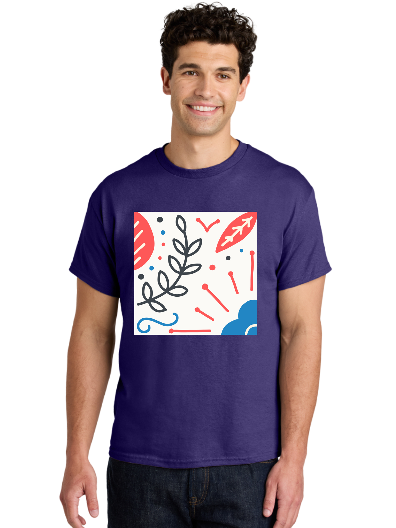 Abstract-Composition Men'S Graphic Tee, 100% Cotton, Comfortable Casual Summer Wear, Machine Washable, Abstract Floral Design, Minimalist Art, Red And Blue Accents, Simple Shapes, Creative Expression, Modern Aesthetic, Decorative Elements, Aab649 26