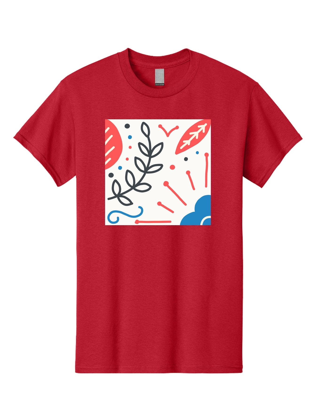 Abstract-Composition Men'S Graphic Tee, 100% Cotton, Comfortable Casual Summer Wear, Machine Washable, Abstract Floral Design, Minimalist Art, Red And Blue Accents, Simple Shapes, Creative Expression, Modern Aesthetic, Decorative Elements, Aab649