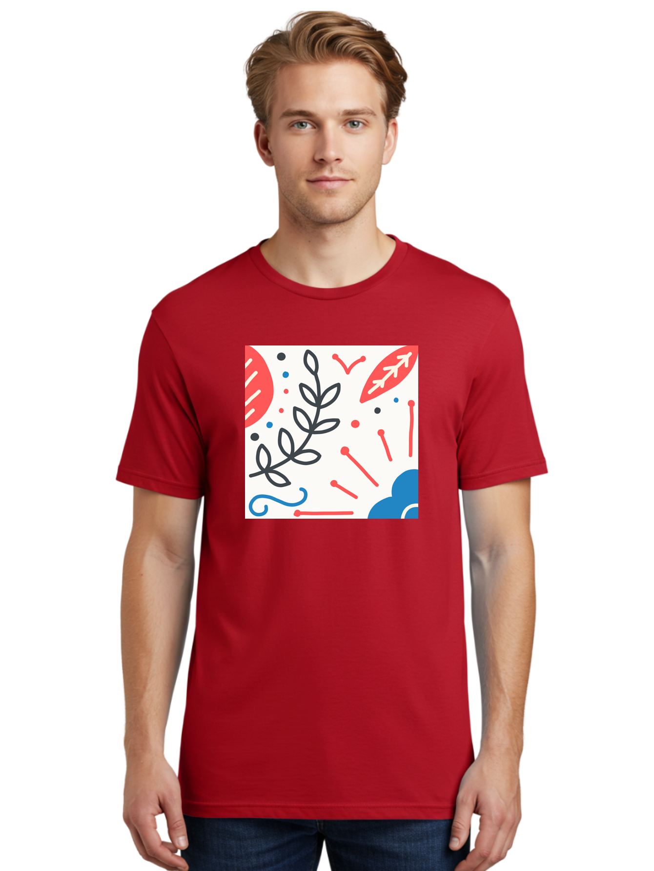 Abstract-Composition Men'S Graphic Tee, 100% Cotton, Comfortable Casual Summer Wear, Machine Washable, Abstract Floral Design, Minimalist Art, Red And Blue Accents, Simple Shapes, Creative Expression, Modern Aesthetic, Decorative Elements, Aab649 20