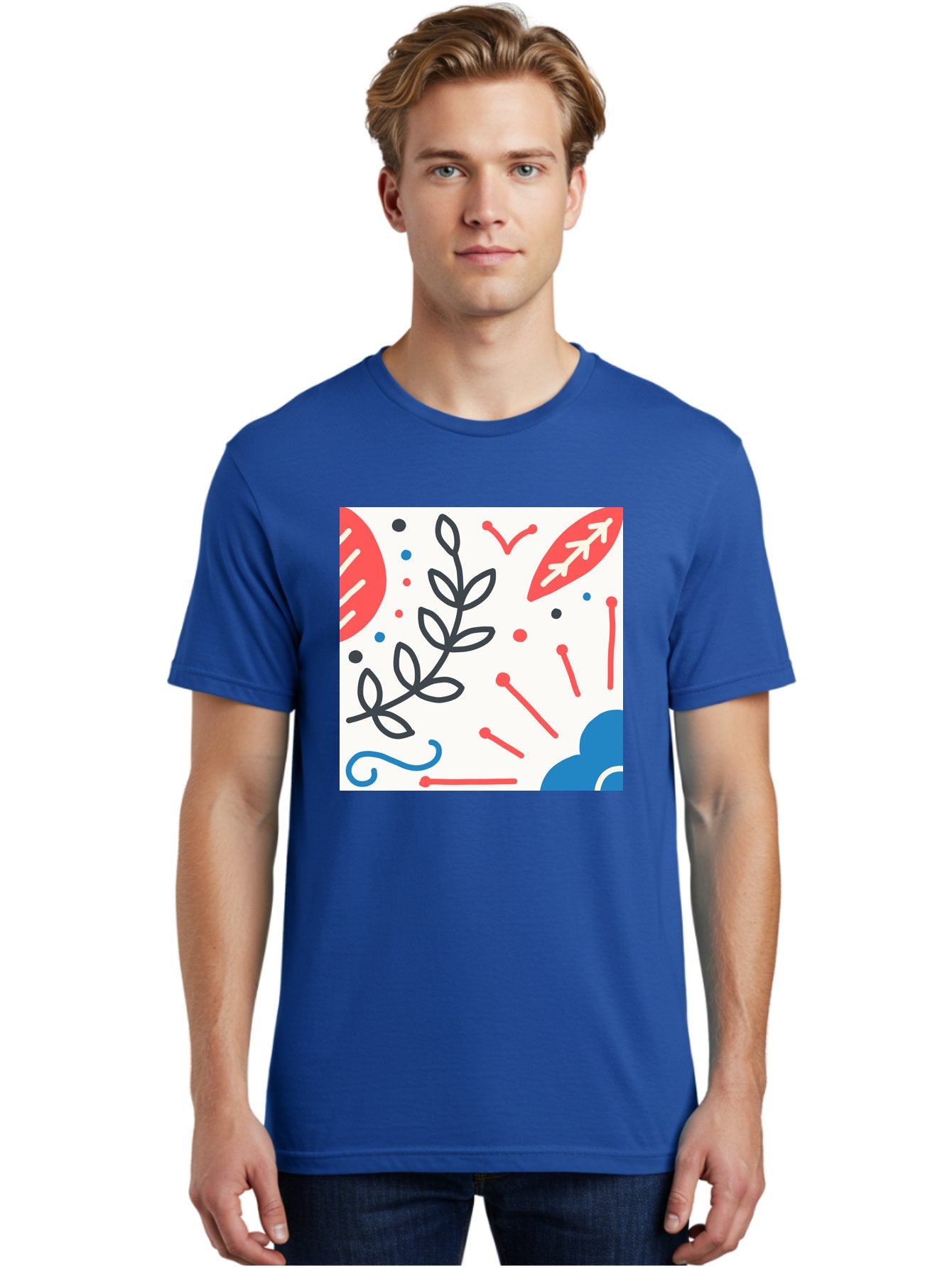 Abstract-Composition Men'S Graphic Tee, 100% Cotton, Comfortable Casual Summer Wear, Machine Washable, Abstract Floral Design, Minimalist Art, Red And Blue Accents, Simple Shapes, Creative Expression, Modern Aesthetic, Decorative Elements, Aab649 23