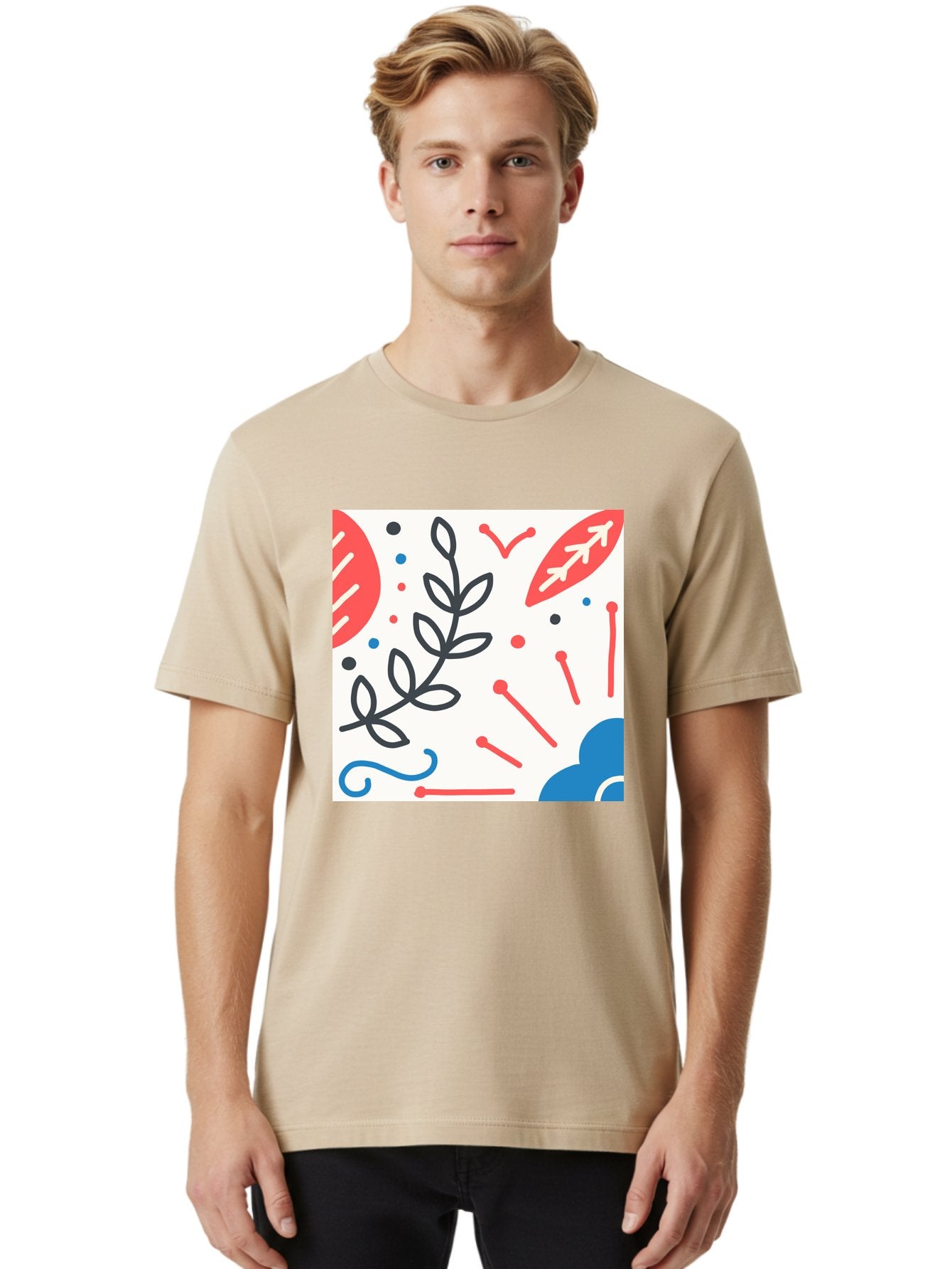 Abstract-Composition Men'S Graphic Tee, 100% Cotton, Comfortable Casual Summer Wear, Machine Washable, Abstract Floral Design, Minimalist Art, Red And Blue Accents, Simple Shapes, Creative Expression, Modern Aesthetic, Decorative Elements, Aab649 25