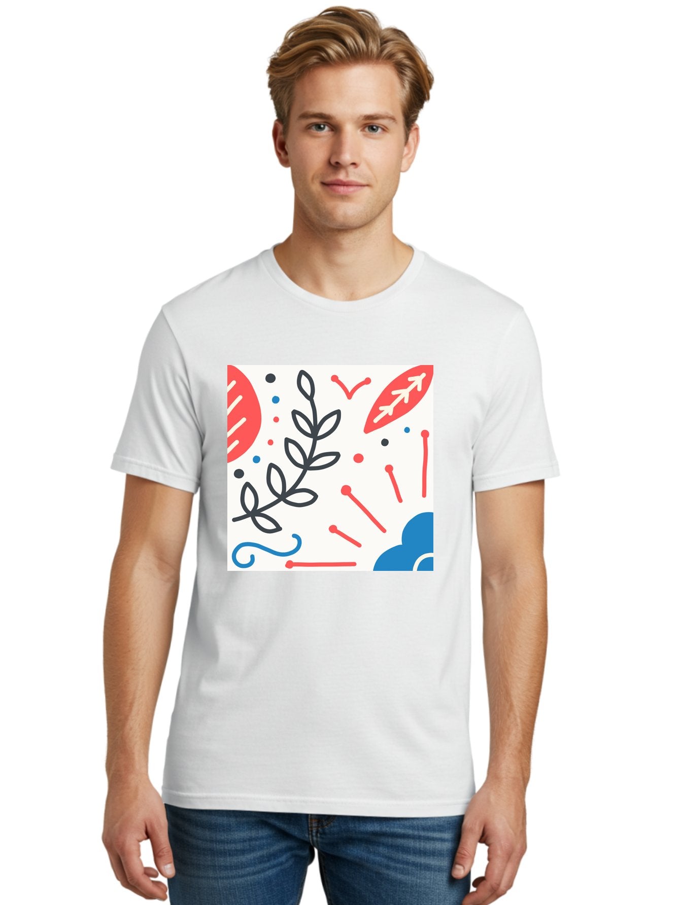 Abstract-Composition Men'S Graphic Tee, 100% Cotton, Comfortable Casual Summer Wear, Machine Washable, Abstract Floral Design, Minimalist Art, Red And Blue Accents, Simple Shapes, Creative Expression, Modern Aesthetic, Decorative Elements, Aab649 22