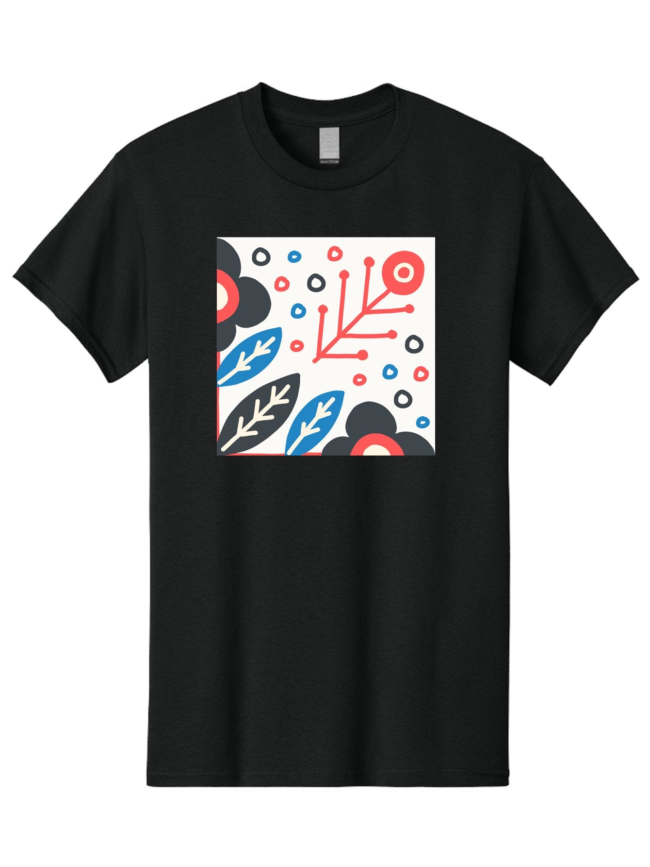 Abstract-Floral-Pattern Men'S Graphic Tee, 100% Cotton, Comfortable Casual Summer Wear, Machine Washable, Stylized Floral Pattern, Abstract Design, Red, Blue, Black, And White Hues, Leafy Elements, Circular Motifs, Modern Art, Graphic Design, Aab652