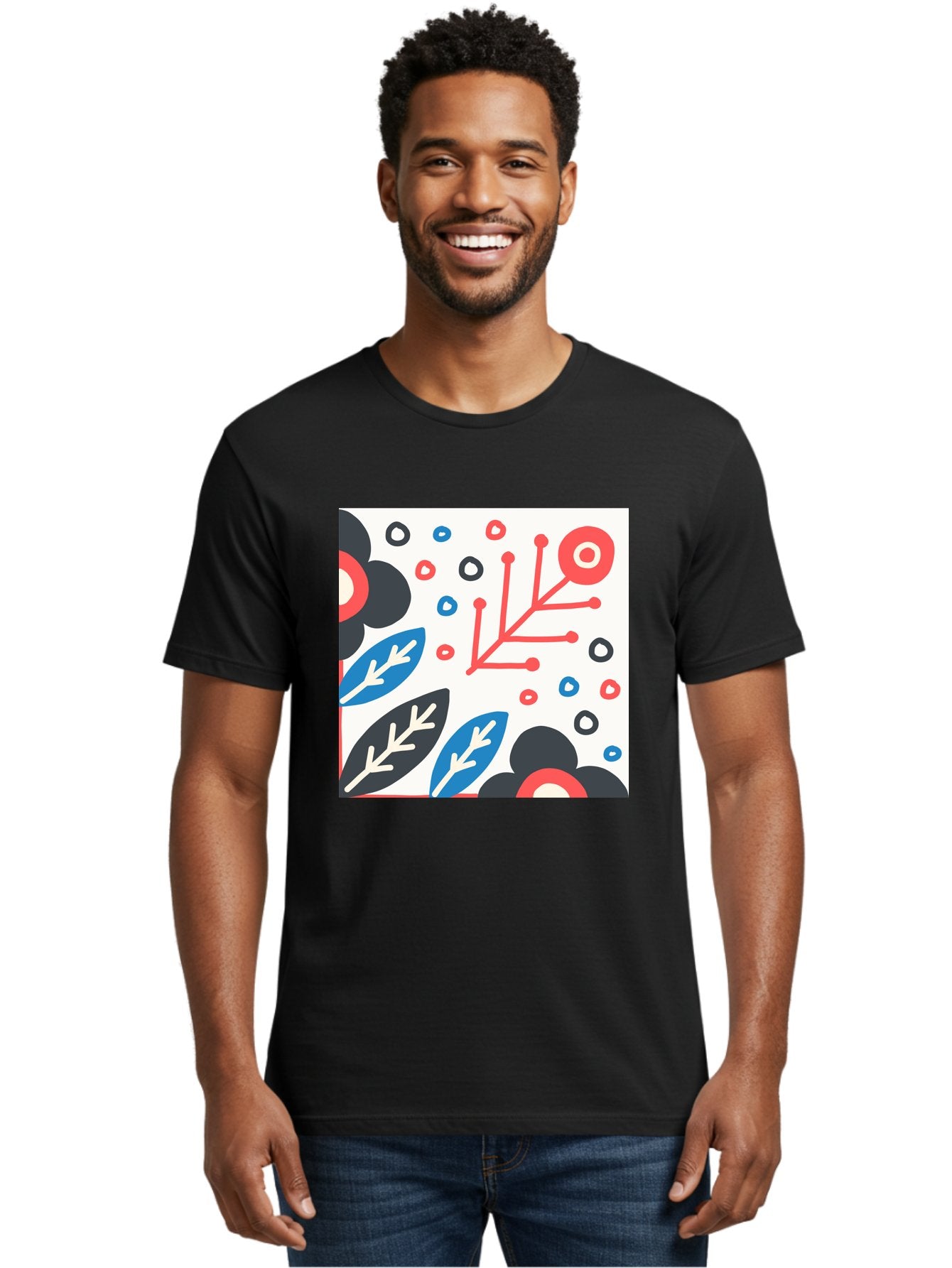 Abstract-Floral-Pattern Men'S Graphic Tee, 100% Cotton, Comfortable Casual Summer Wear, Machine Washable, Stylized Floral Pattern, Abstract Design, Red, Blue, Black, And White Hues, Leafy Elements, Circular Motifs, Modern Art, Graphic Design, Aab652 21