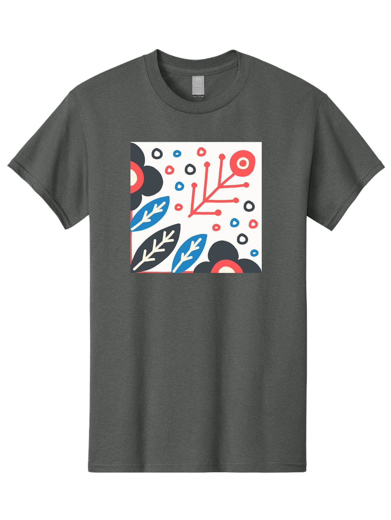 Abstract-Floral-Pattern Men'S Graphic Tee, 100% Cotton, Comfortable Casual Summer Wear, Machine Washable, Stylized Floral Pattern, Abstract Design, Red, Blue, Black, And White Hues, Leafy Elements, Circular Motifs, Modern Art, Graphic Design, Aab652 5