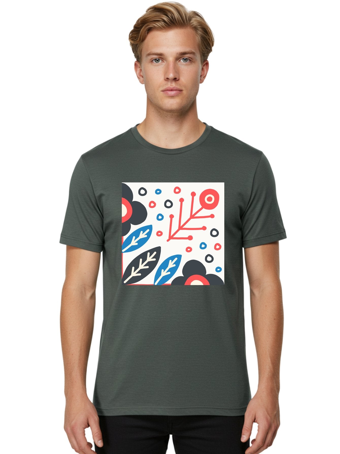 Abstract-Floral-Pattern Men'S Graphic Tee, 100% Cotton, Comfortable Casual Summer Wear, Machine Washable, Stylized Floral Pattern, Abstract Design, Red, Blue, Black, And White Hues, Leafy Elements, Circular Motifs, Modern Art, Graphic Design, Aab652 23