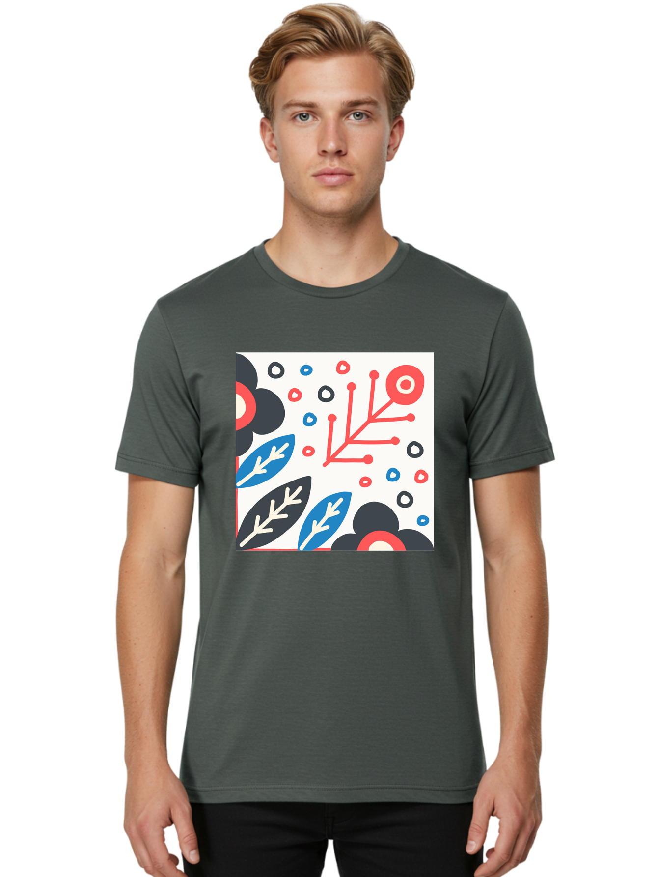 Abstract-Floral-Pattern Men'S Graphic Tee, 100% Cotton, Comfortable Casual Summer Wear, Machine Washable, Stylized Floral Pattern, Abstract Design, Red, Blue, Black, And White Hues, Leafy Elements, Circular Motifs, Modern Art, Graphic Design, Aab652 16