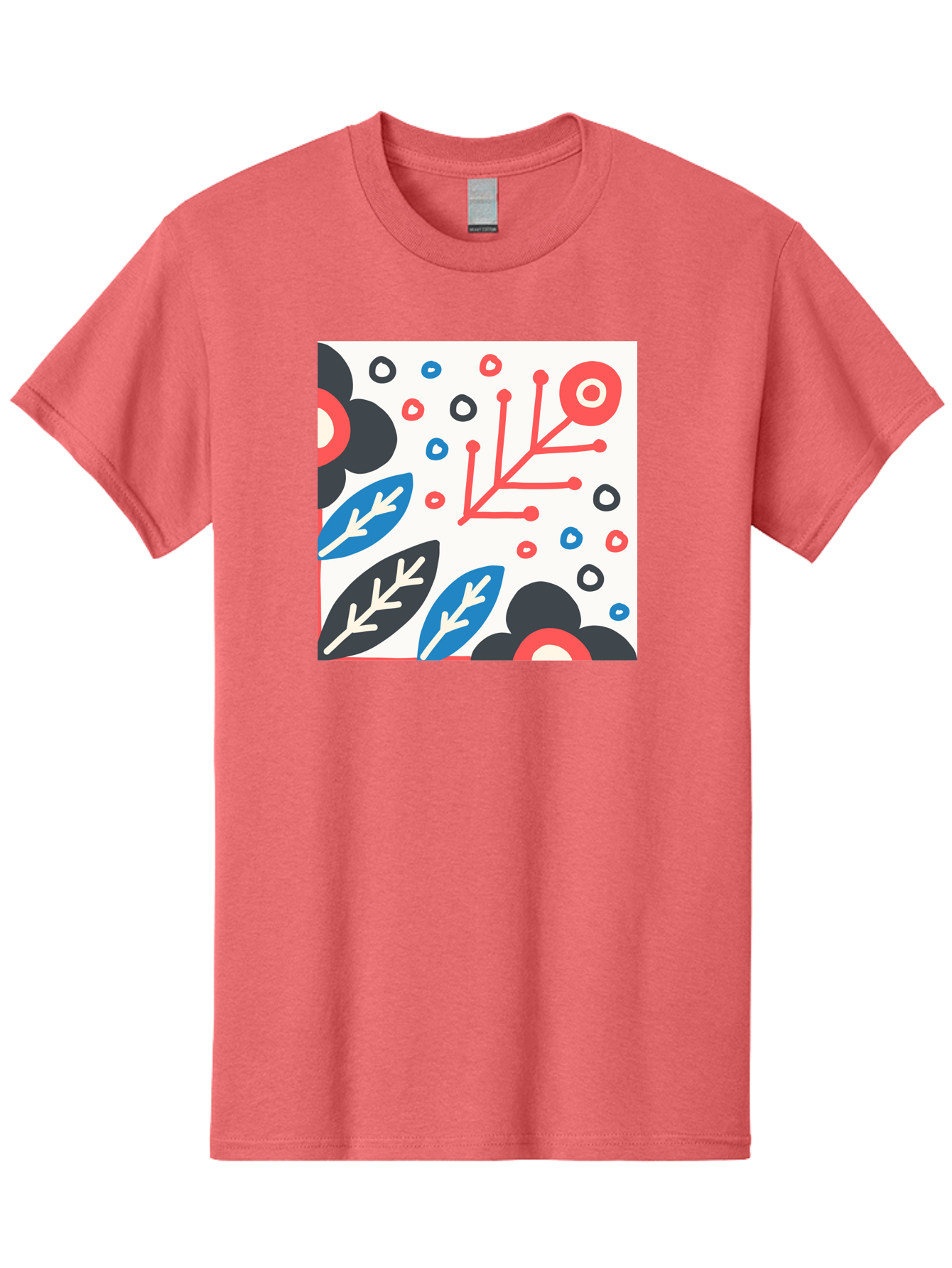 Abstract-Floral-Pattern Men'S Graphic Tee, 100% Cotton, Comfortable Casual Summer Wear, Machine Washable, Stylized Floral Pattern, Abstract Design, Red, Blue, Black, And White Hues, Leafy Elements, Circular Motifs, Modern Art, Graphic Design, Aab652 3