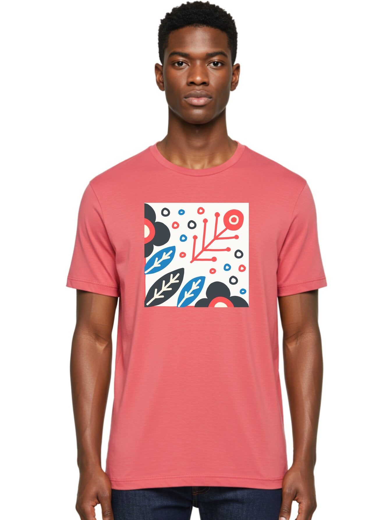 Abstract-Floral-Pattern Men'S Graphic Tee, 100% Cotton, Comfortable Casual Summer Wear, Machine Washable, Stylized Floral Pattern, Abstract Design, Red, Blue, Black, And White Hues, Leafy Elements, Circular Motifs, Modern Art, Graphic Design, Aab652 29
