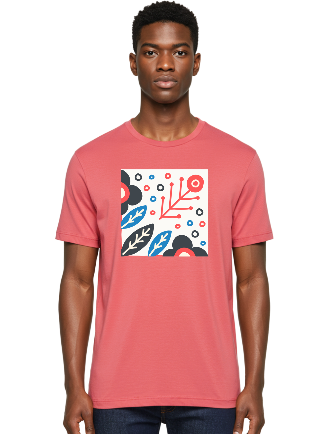 Abstract-Floral-Pattern Men'S Graphic Tee, 100% Cotton, Comfortable Casual Summer Wear, Machine Washable, Stylized Floral Pattern, Abstract Design, Red, Blue, Black, And White Hues, Leafy Elements, Circular Motifs, Modern Art, Graphic Design, Aab652 4