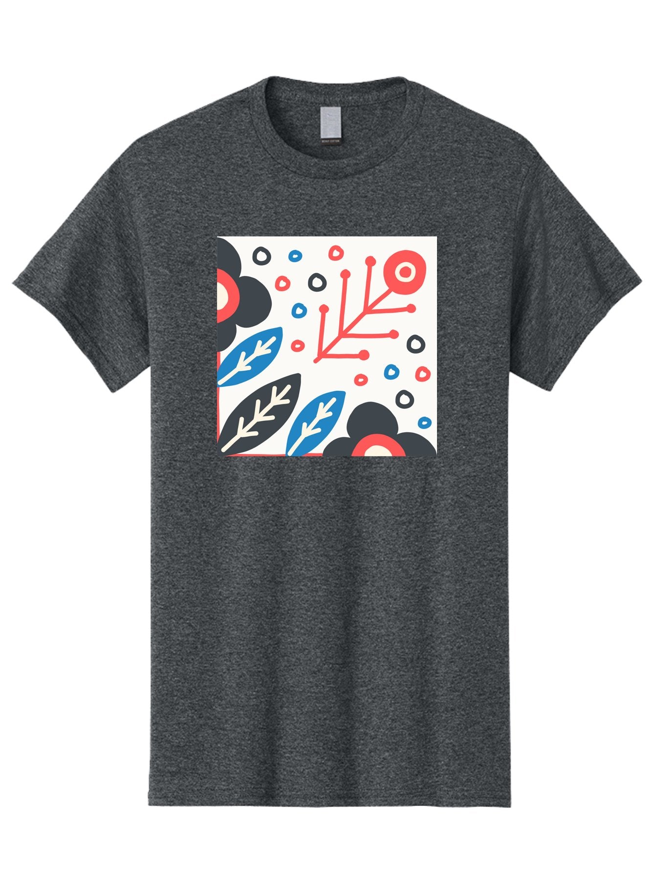 Abstract-Floral-Pattern Men'S Graphic Tee, 100% Cotton, Comfortable Casual Summer Wear, Machine Washable, Stylized Floral Pattern, Abstract Design, Red, Blue, Black, And White Hues, Leafy Elements, Circular Motifs, Modern Art, Graphic Design, Aab652 12