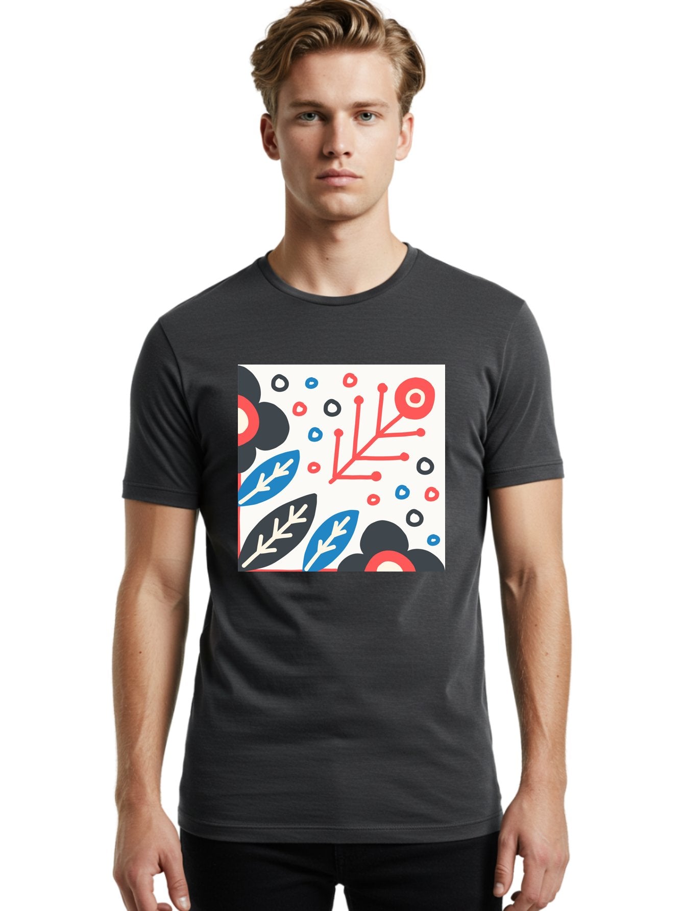 Abstract-Floral-Pattern Men'S Graphic Tee, 100% Cotton, Comfortable Casual Summer Wear, Machine Washable, Stylized Floral Pattern, Abstract Design, Red, Blue, Black, And White Hues, Leafy Elements, Circular Motifs, Modern Art, Graphic Design, Aab652 28
