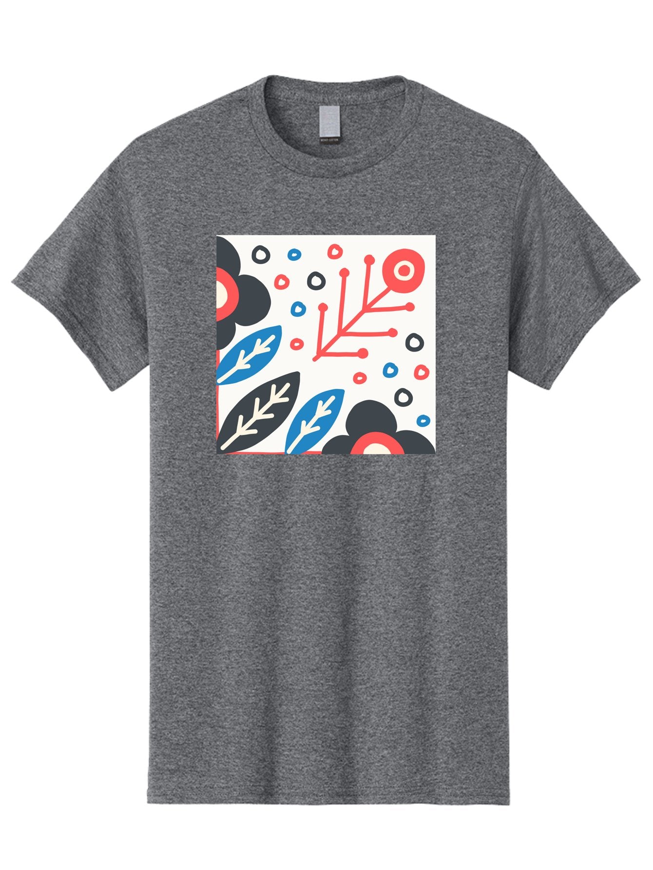 Abstract-Floral-Pattern Men'S Graphic Tee, 100% Cotton, Comfortable Casual Summer Wear, Machine Washable, Stylized Floral Pattern, Abstract Design, Red, Blue, Black, And White Hues, Leafy Elements, Circular Motifs, Modern Art, Graphic Design, Aab652 11