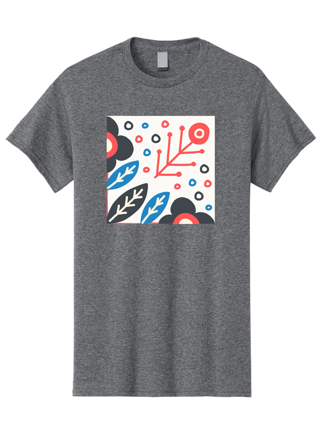 Abstract-Floral-Pattern Men'S Graphic Tee, 100% Cotton, Comfortable Casual Summer Wear, Machine Washable, Stylized Floral Pattern, Abstract Design, Red, Blue, Black, And White Hues, Leafy Elements, Circular Motifs, Modern Art, Graphic Design, Aab652 7
