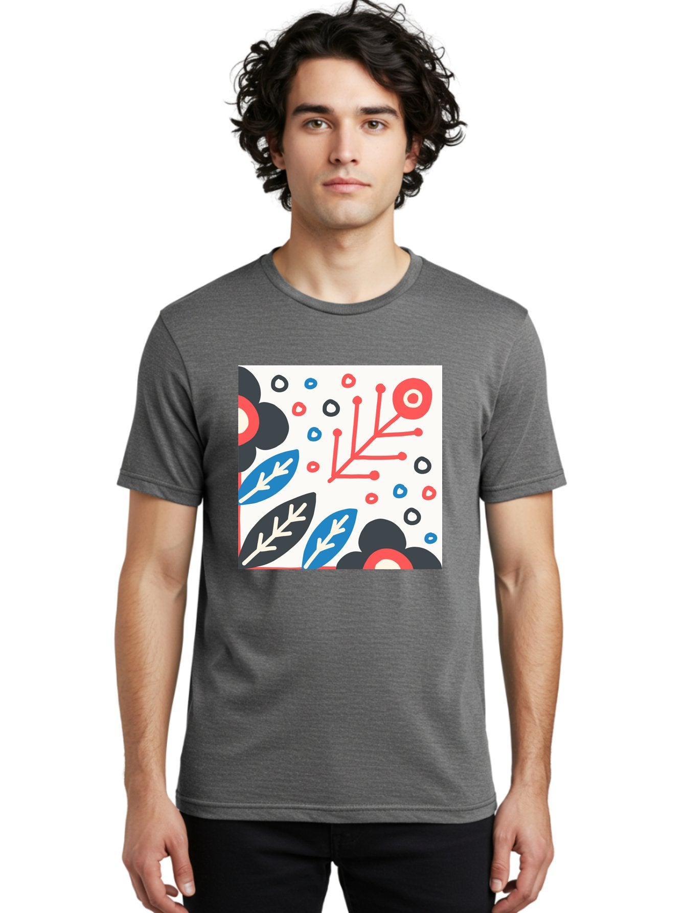 Abstract-Floral-Pattern Men'S Graphic Tee, 100% Cotton, Comfortable Casual Summer Wear, Machine Washable, Stylized Floral Pattern, Abstract Design, Red, Blue, Black, And White Hues, Leafy Elements, Circular Motifs, Modern Art, Graphic Design, Aab652 27