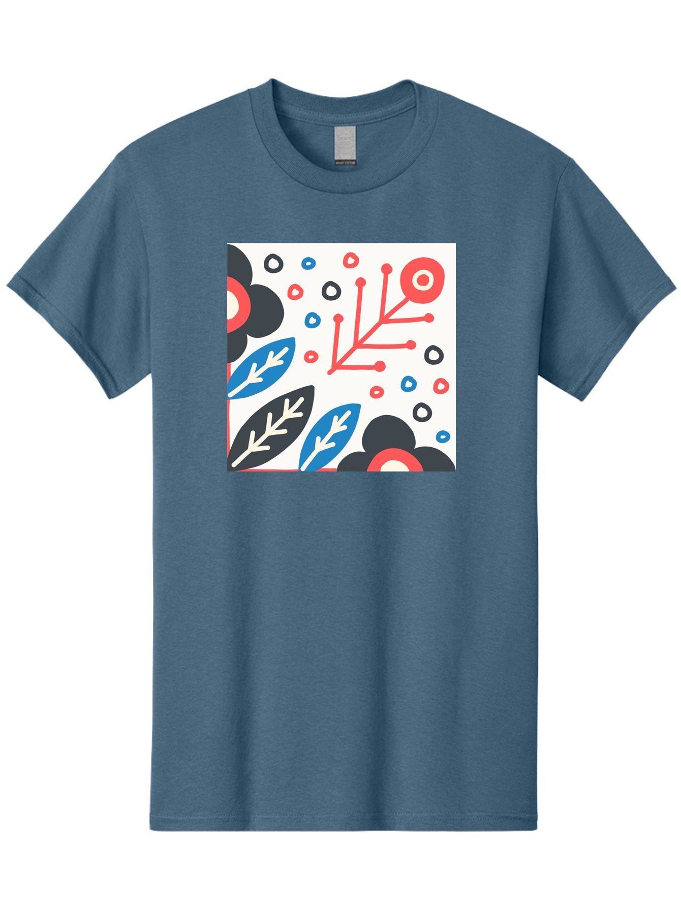Abstract-Floral-Pattern Men'S Graphic Tee, 100% Cotton, Comfortable Casual Summer Wear, Machine Washable, Stylized Floral Pattern, Abstract Design, Red, Blue, Black, And White Hues, Leafy Elements, Circular Motifs, Modern Art, Graphic Design, Aab652 15