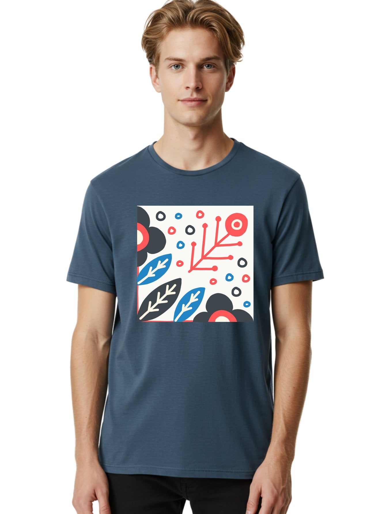 Abstract-Floral-Pattern Men'S Graphic Tee, 100% Cotton, Comfortable Casual Summer Wear, Machine Washable, Stylized Floral Pattern, Abstract Design, Red, Blue, Black, And White Hues, Leafy Elements, Circular Motifs, Modern Art, Graphic Design, Aab652 30
