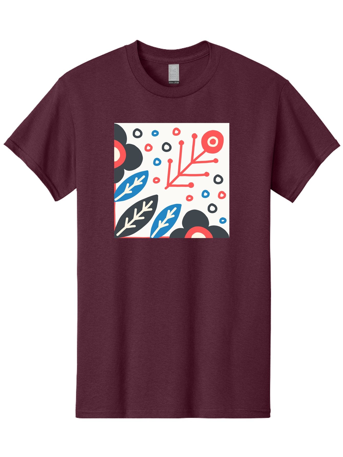Abstract-Floral-Pattern Men'S Graphic Tee, 100% Cotton, Comfortable Casual Summer Wear, Machine Washable, Stylized Floral Pattern, Abstract Design, Red, Blue, Black, And White Hues, Leafy Elements, Circular Motifs, Modern Art, Graphic Design, Aab652 7